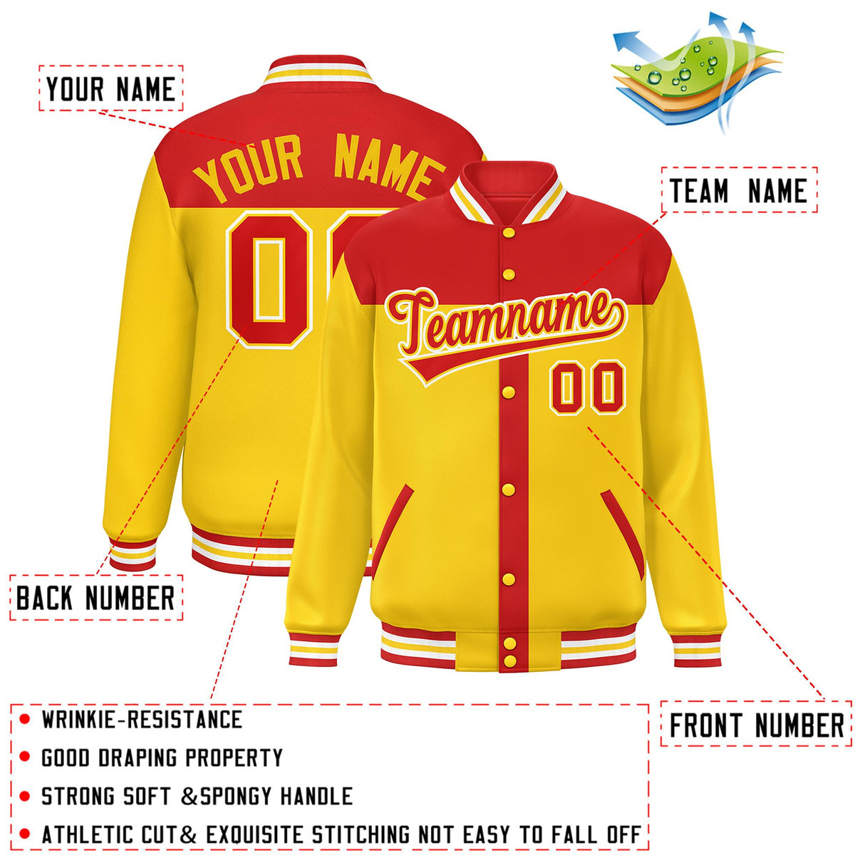 Custom Red Gold Color Block Bomber Varsity Baseball Jacket