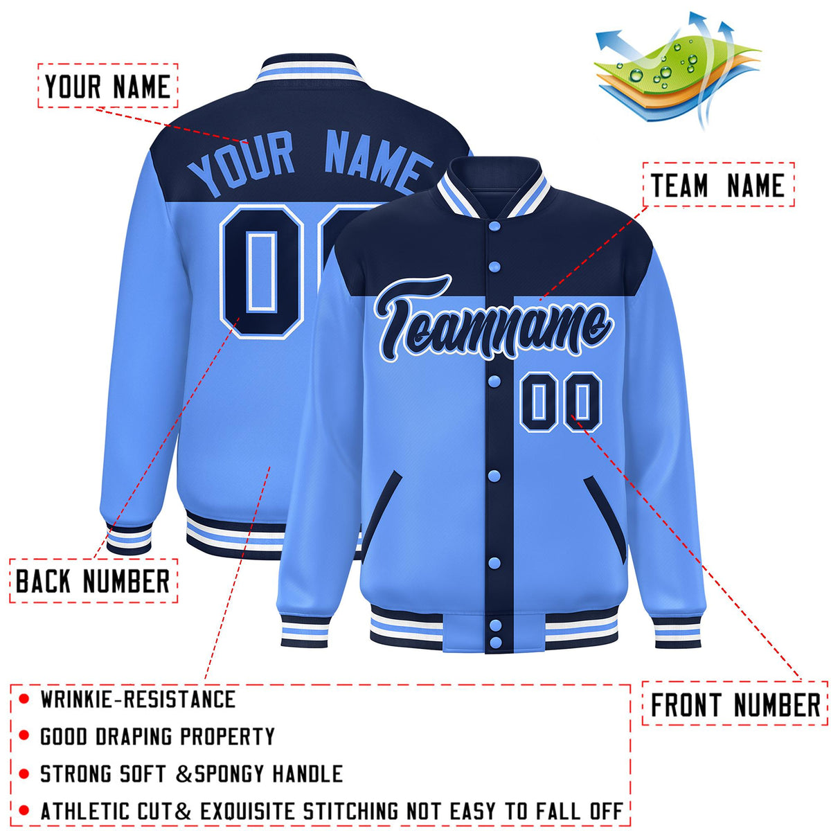 Custom Navy Powder Blue Color Block Bomber Varsity Baseball Jacket