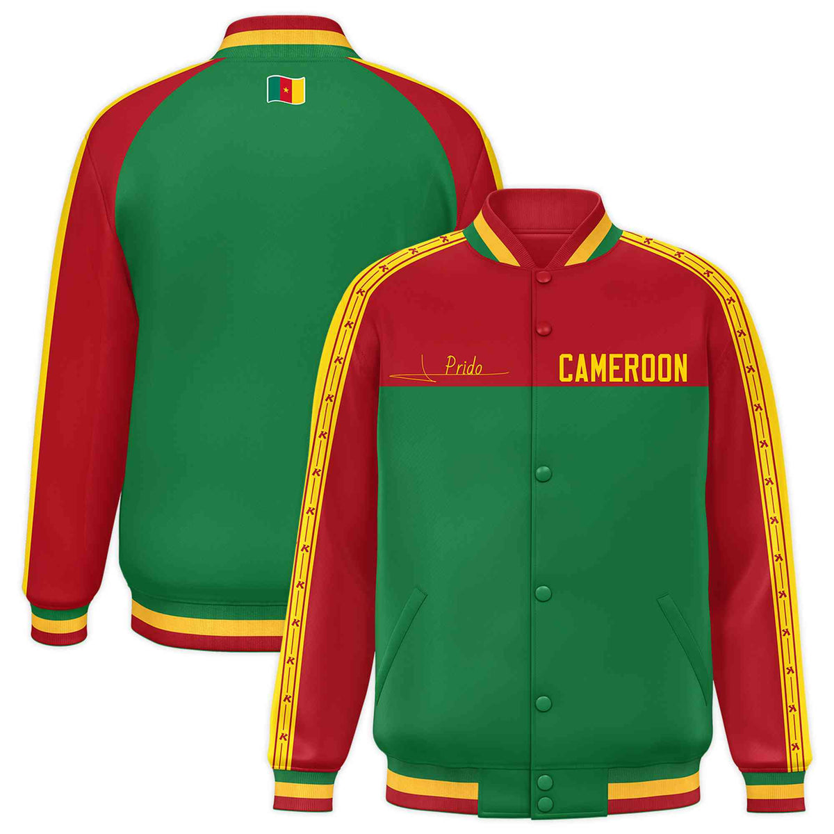 Custom Kelly Green Red Raglan Sleeves Varsity Full-Snap Color Block Letterman Prido Jacket