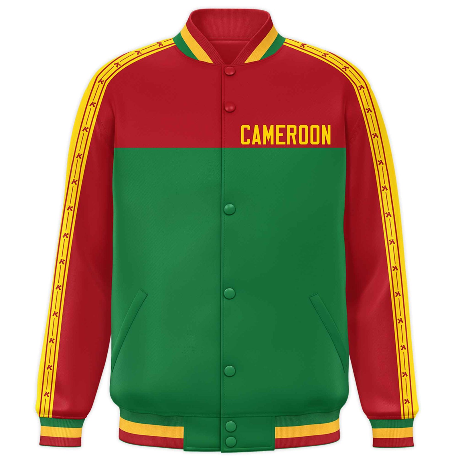 Custom Kelly Green Red Raglan Sleeves Varsity Full-Snap Color Block Letterman Prido Jacket