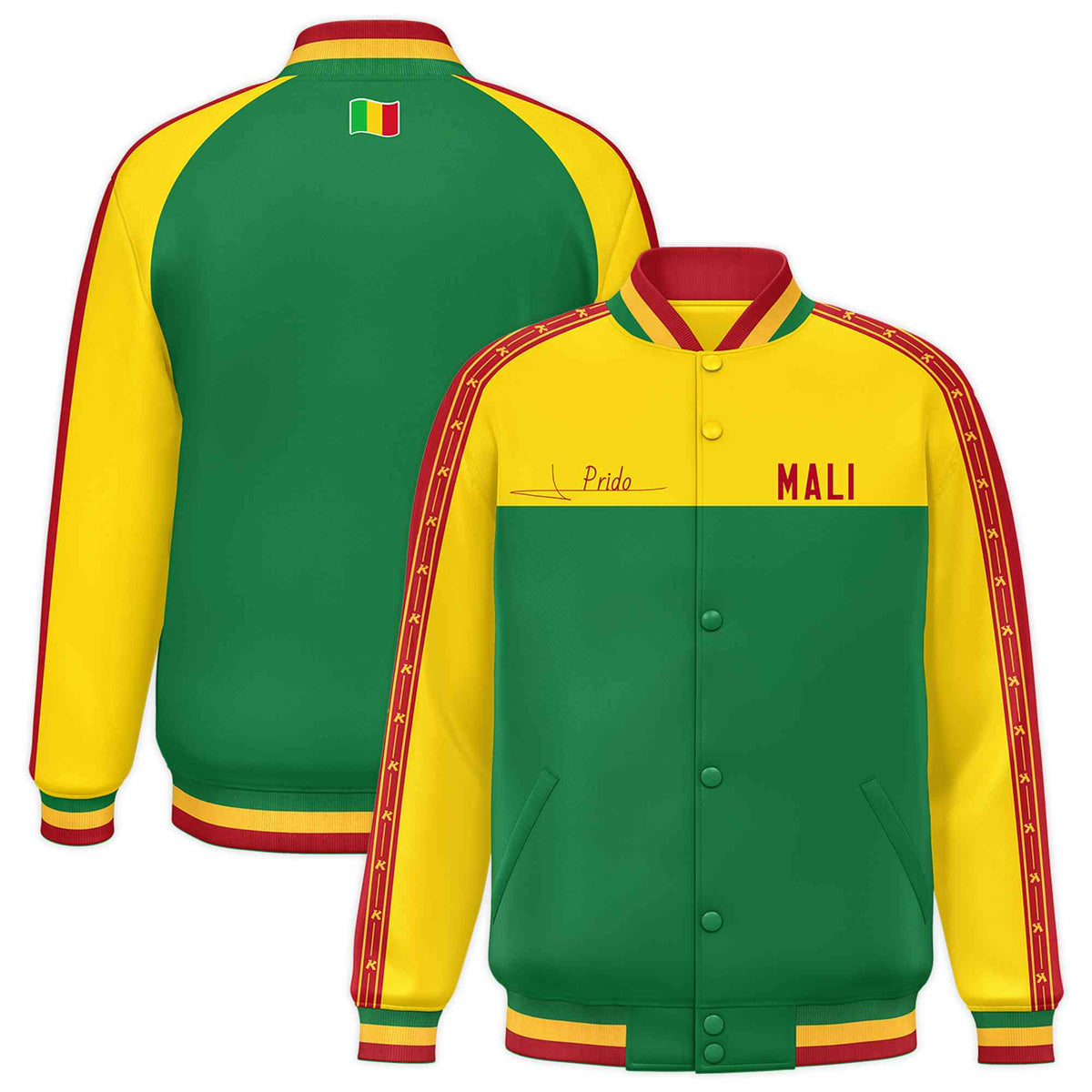 Custom Kelly Green Gold Raglan Sleeves Varsity Full-Snap Color Block Letterman Prido Jacket