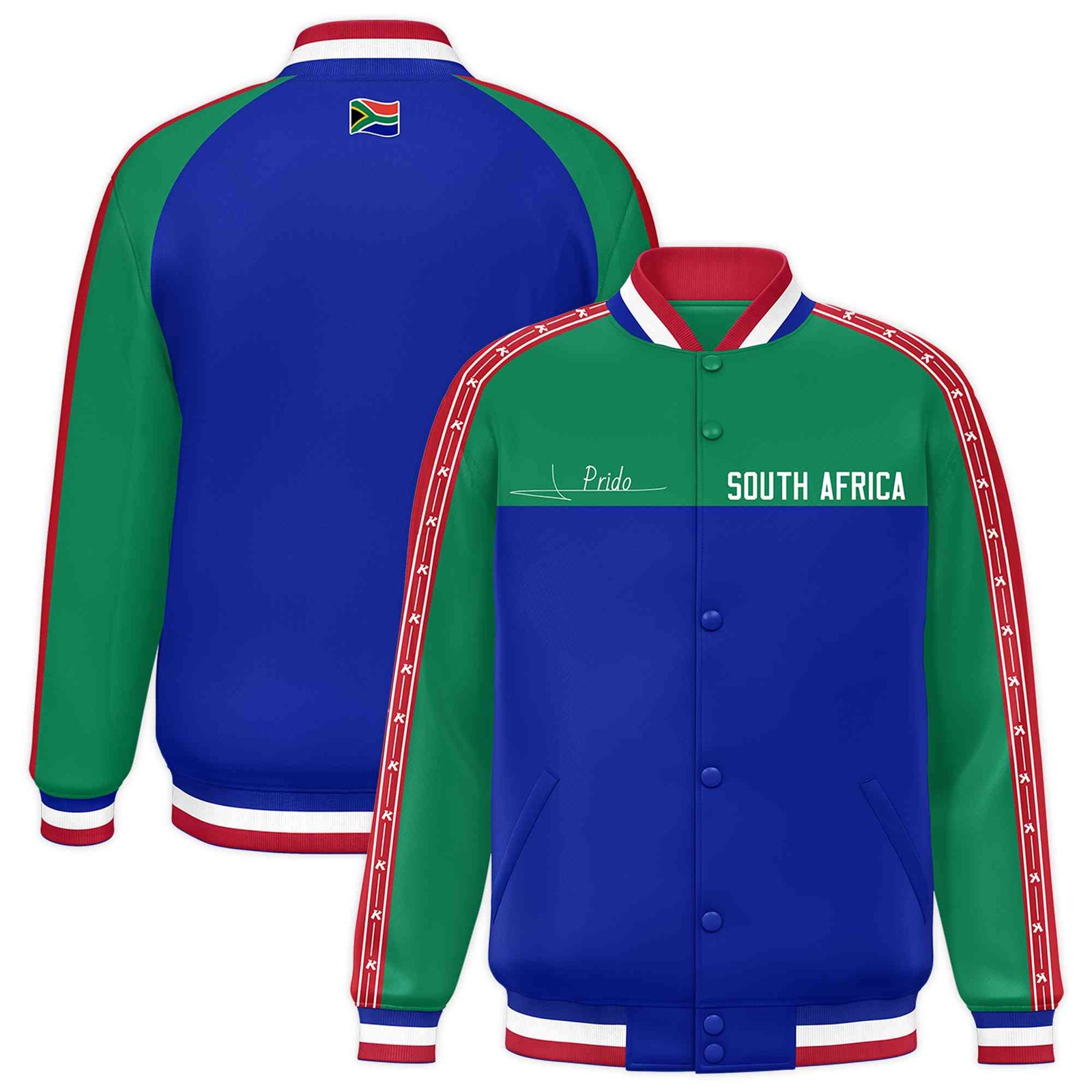 Custom Royal Kelly Green Raglan Sleeves Varsity Full-Snap Color Block Letterman Prido Jacket