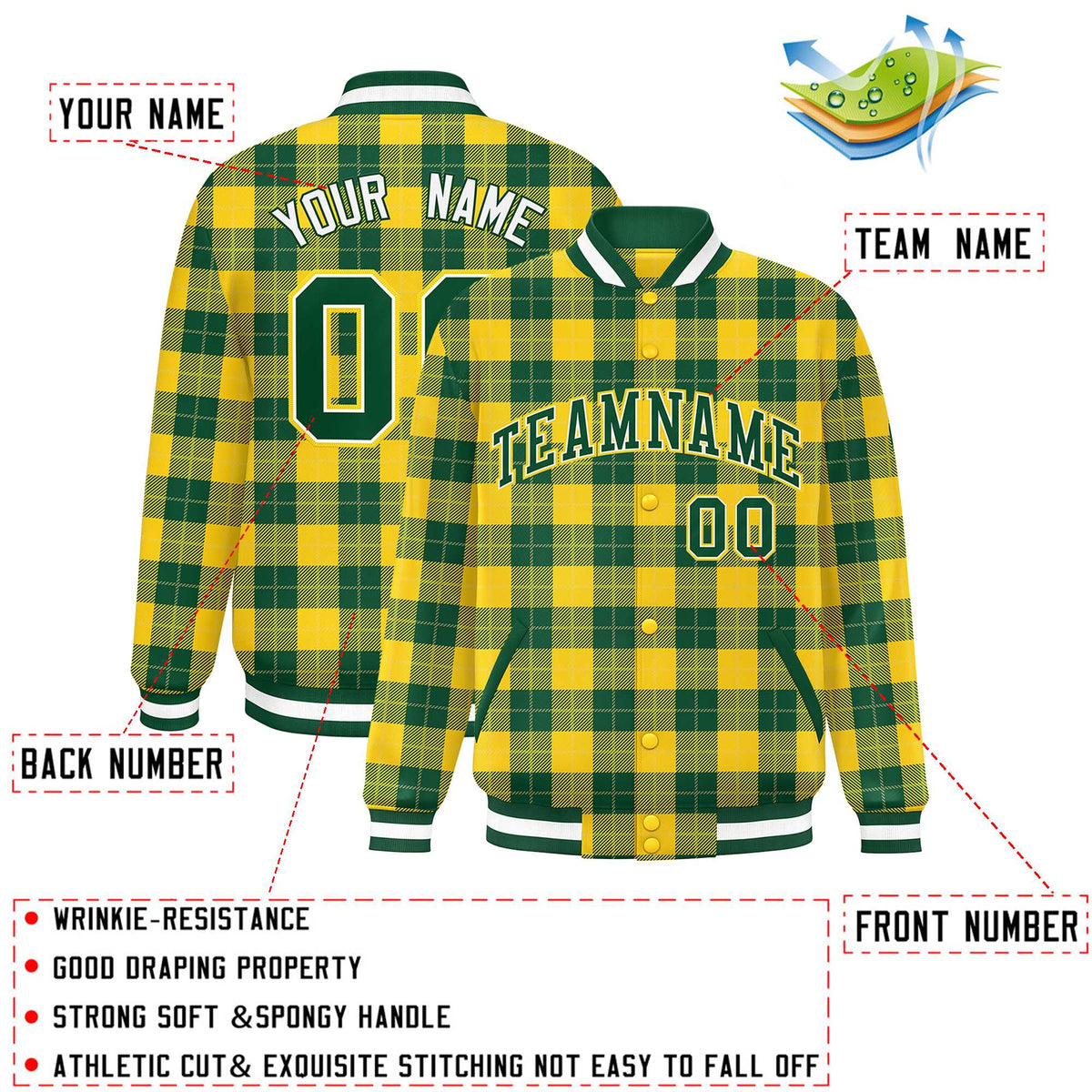 Custom Green Gold Varsity Full-Snap Plaid Pattern Letterman Baseball Jacket