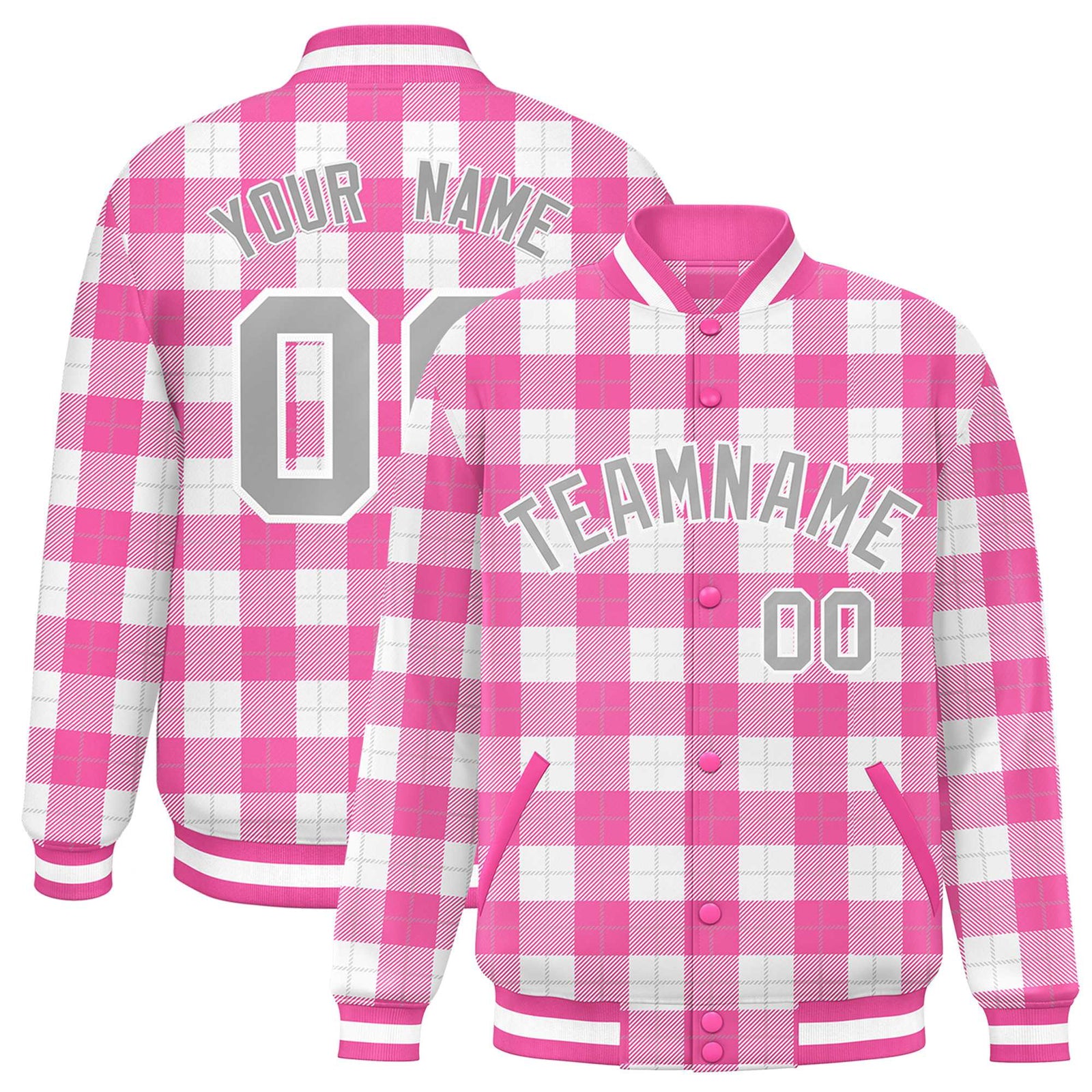 Custom Pink White Varsity Full-Snap Plaid Pattern Letterman Baseball Jacket
