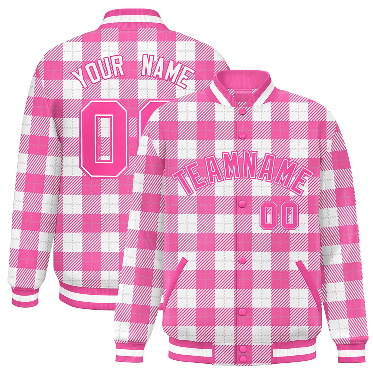 Custom Pink White Varsity Full-Snap Plaid Pattern Letterman Baseball Jacket
