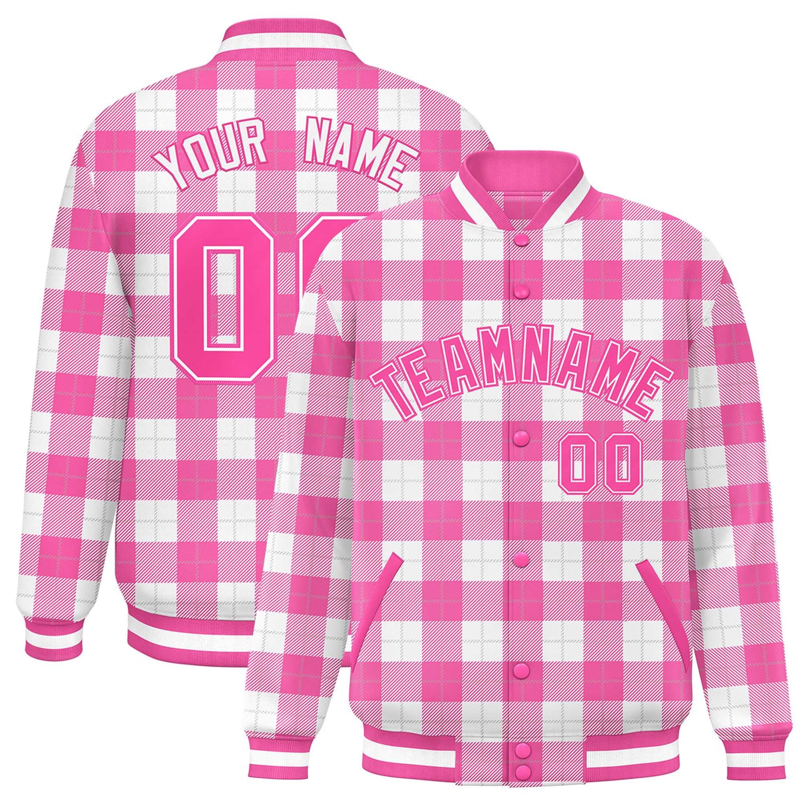Custom Pink White Varsity Full-Snap Plaid Pattern Letterman Baseball Jacket