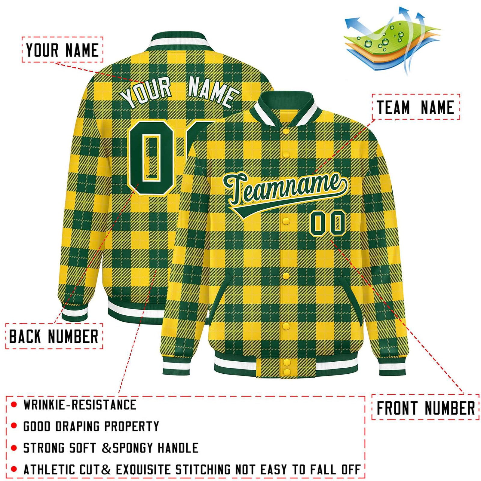 Custom Green Gold Varsity Full-Snap Plaid Pattern Letterman Baseball Jacket