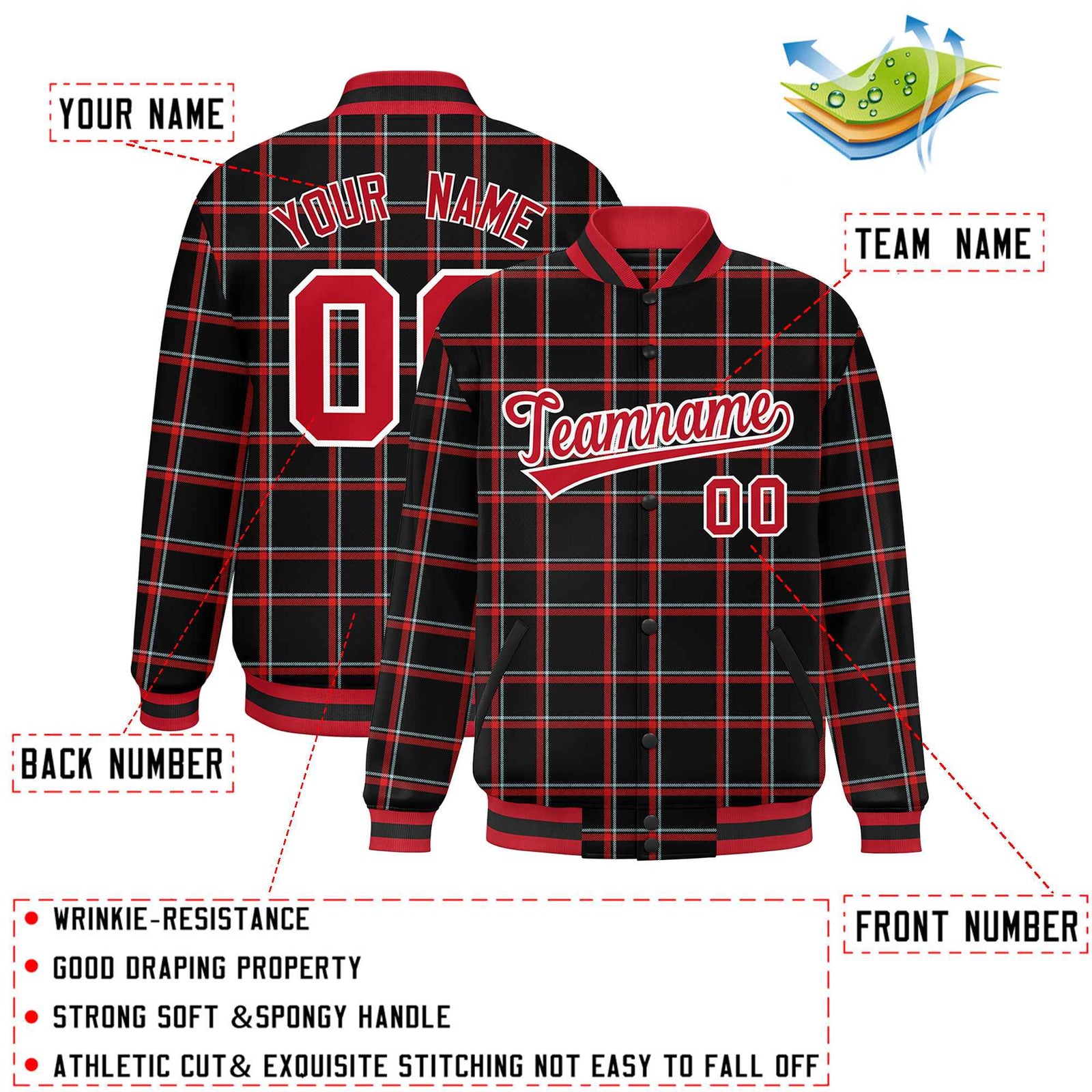 Custom Black Varsity Full-Snap Plaid Pattern Letterman Baseball Jacket