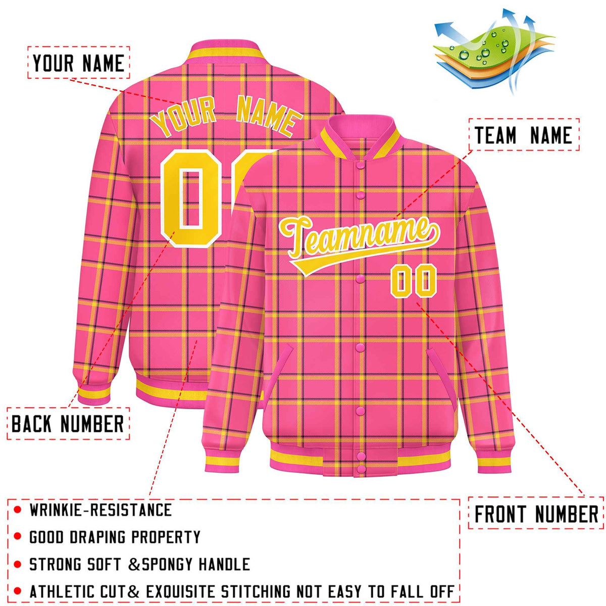 Custom Pink Varsity Full-Snap Plaid Pattern Letterman Baseball Jacket
