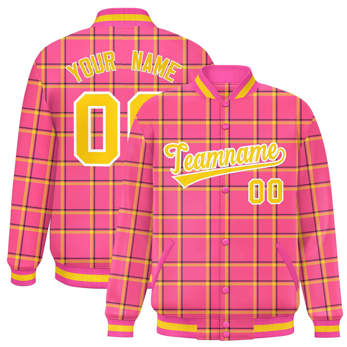 Custom Pink Varsity Full-Snap Plaid Pattern Letterman Baseball Jacket