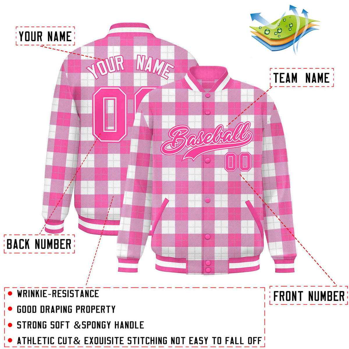 Custom Pink White Varsity Full-Snap Plaid Pattern Letterman Baseball Jacket