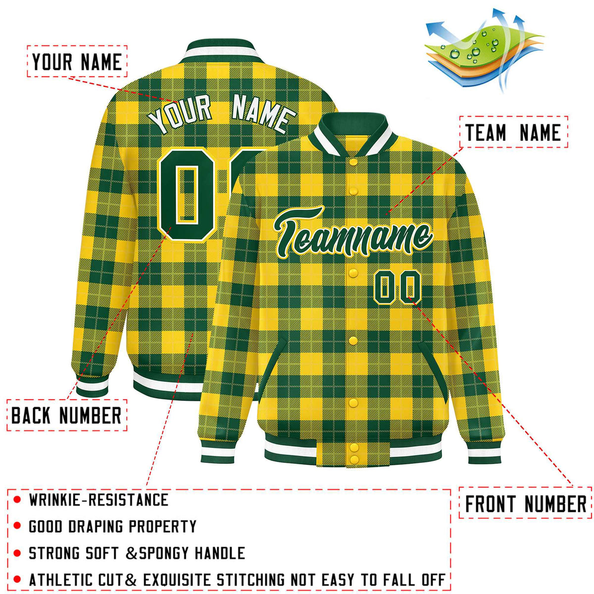 Custom Green Gold Varsity Full-Snap Plaid Pattern Letterman Baseball Jacket