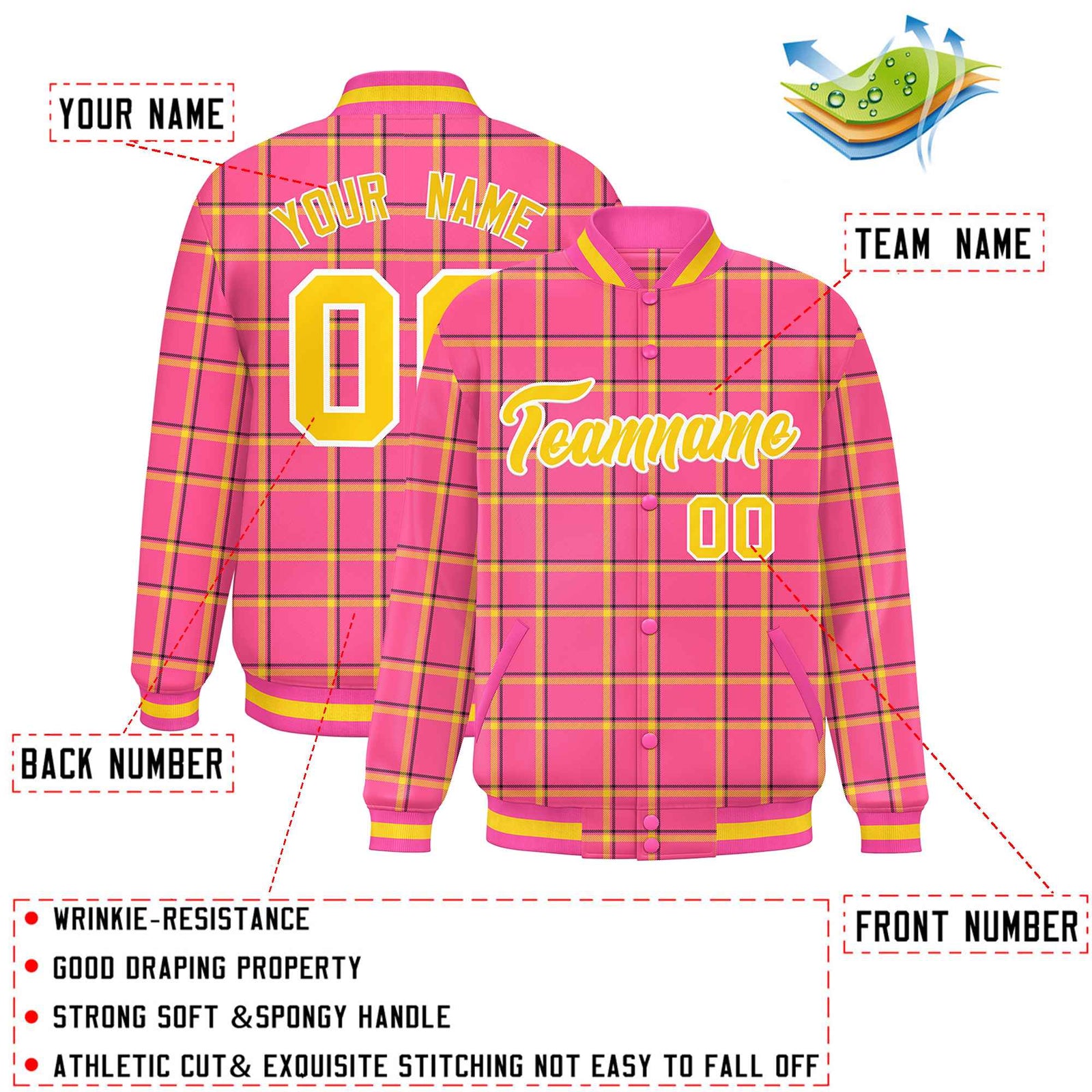 Custom Pink Varsity Full-Snap Plaid Pattern Letterman Baseball Jacket