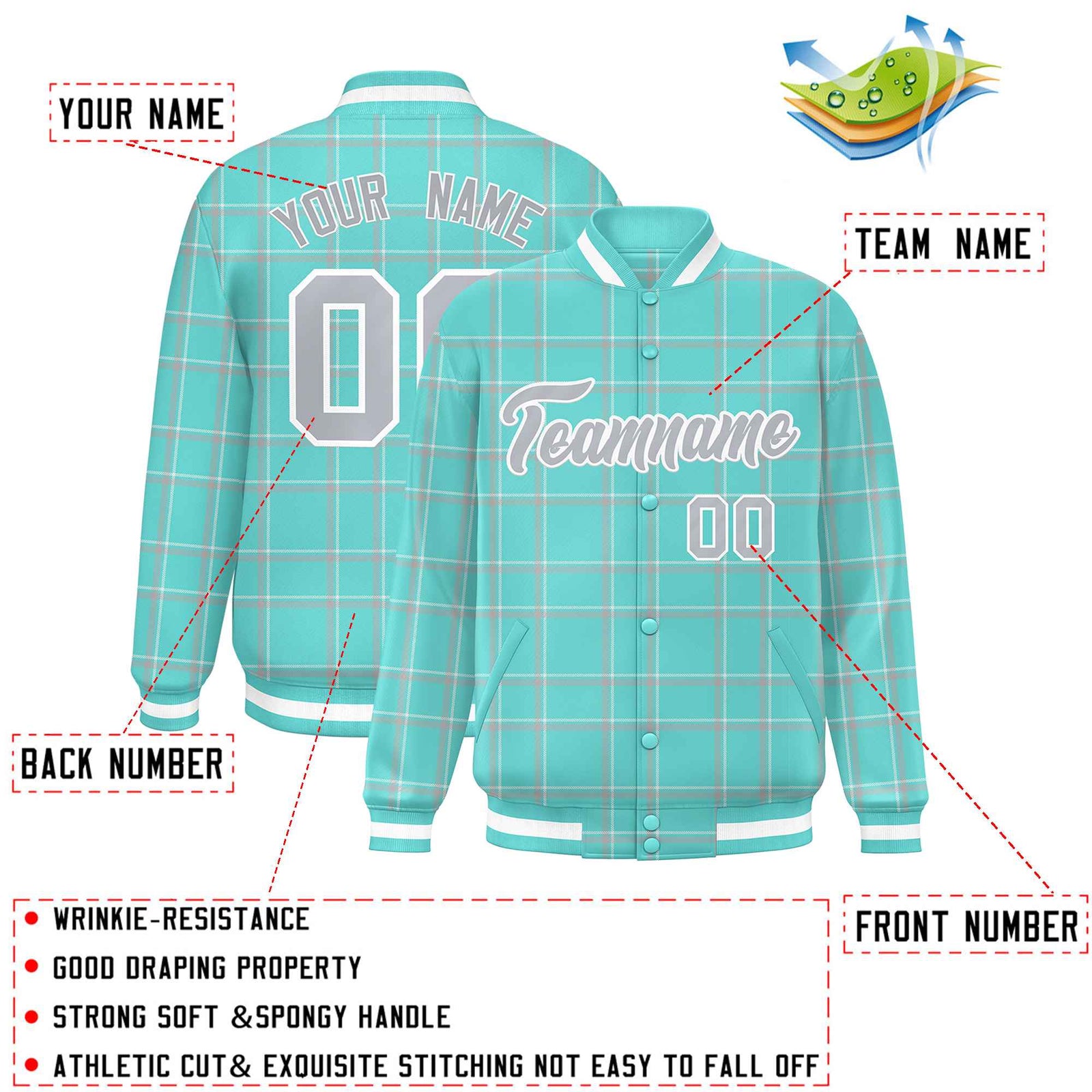 Custom Green Varsity Full-Snap Plaid Pattern Letterman Baseball Jacket