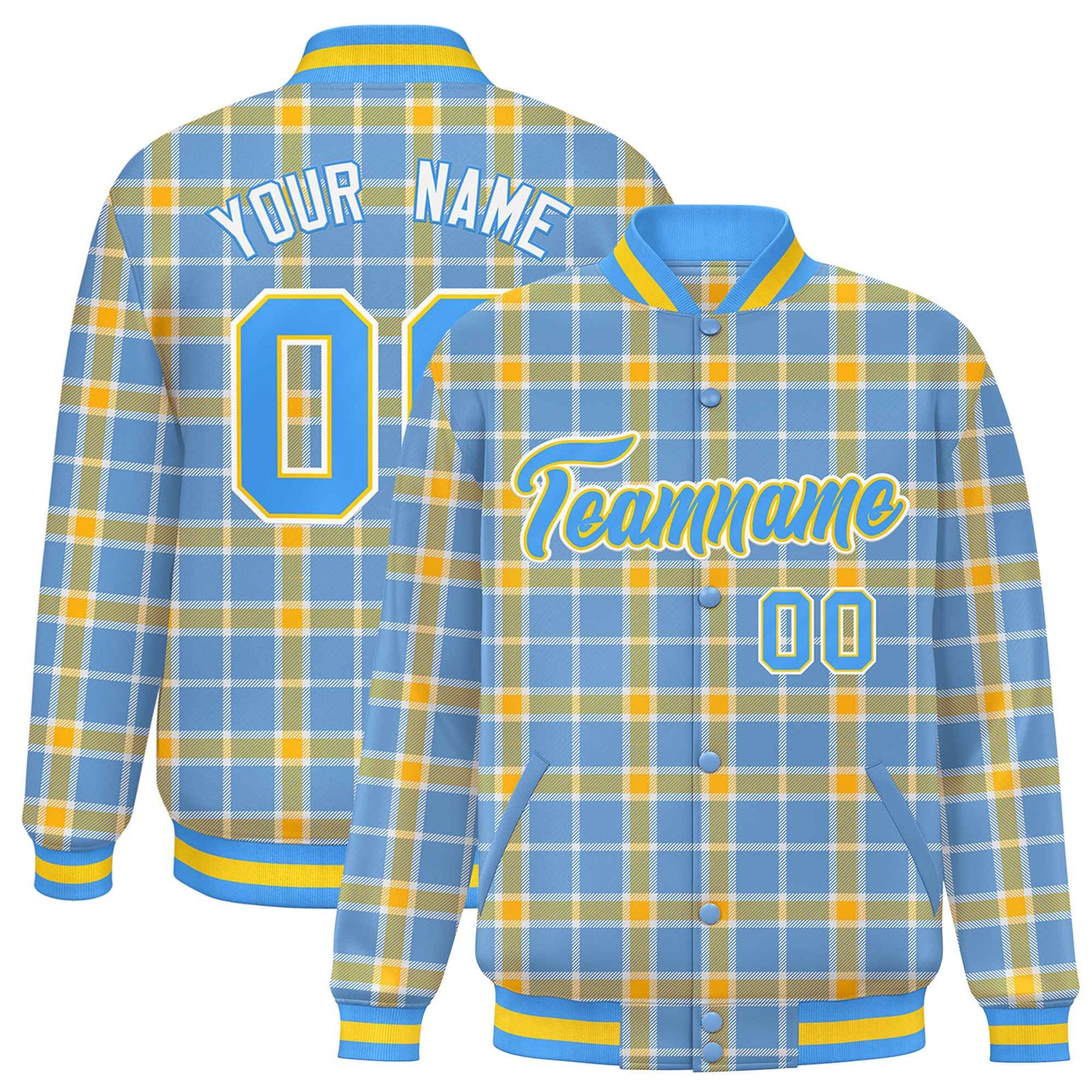 Custom Light Blue Yellow Varsity Full-Snap Plaid Pattern Letterman Baseball Jacket