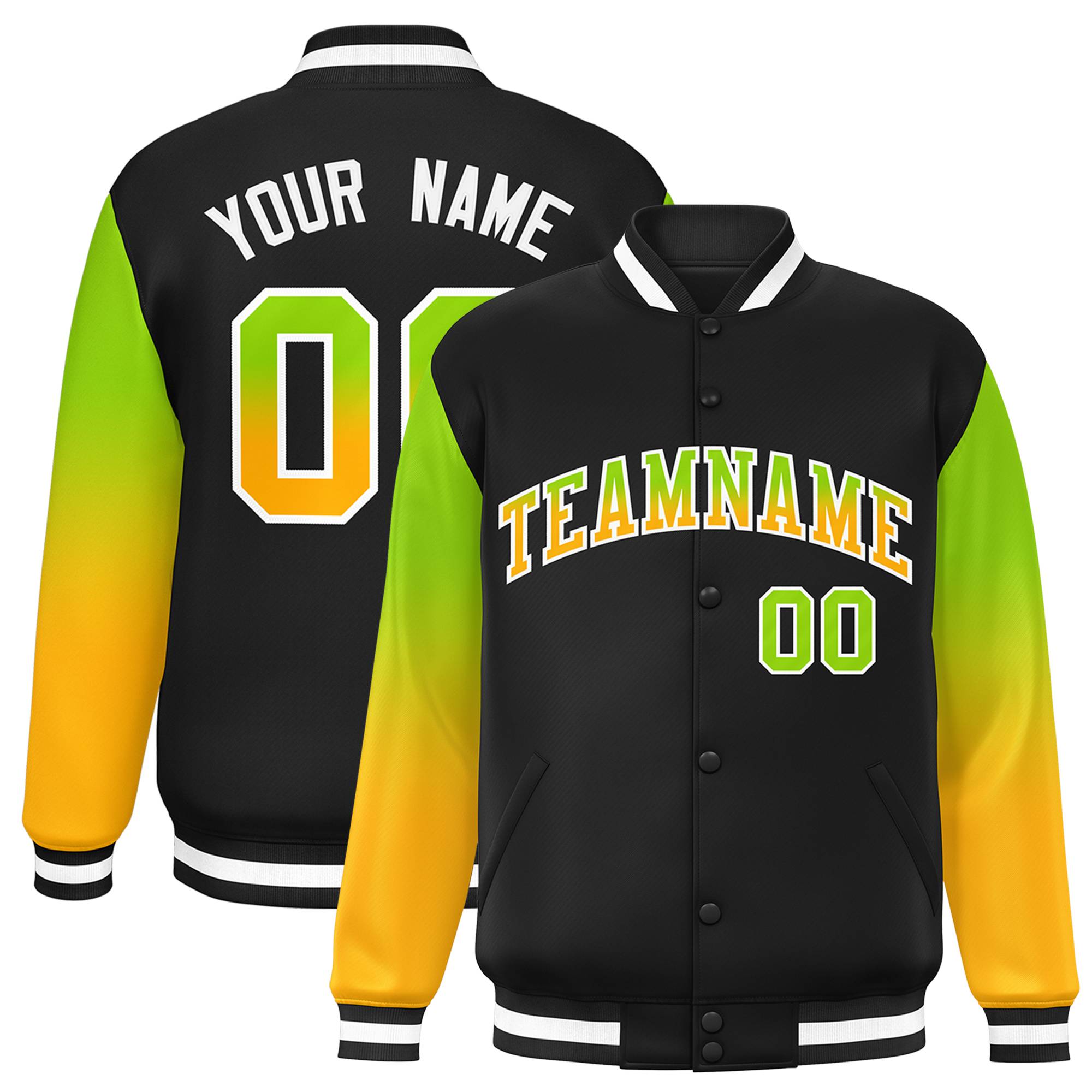 Custom Black Neon Green-Yellow Gradient Varsity Full-Snap Raglan Sleeves Baseball Jacket