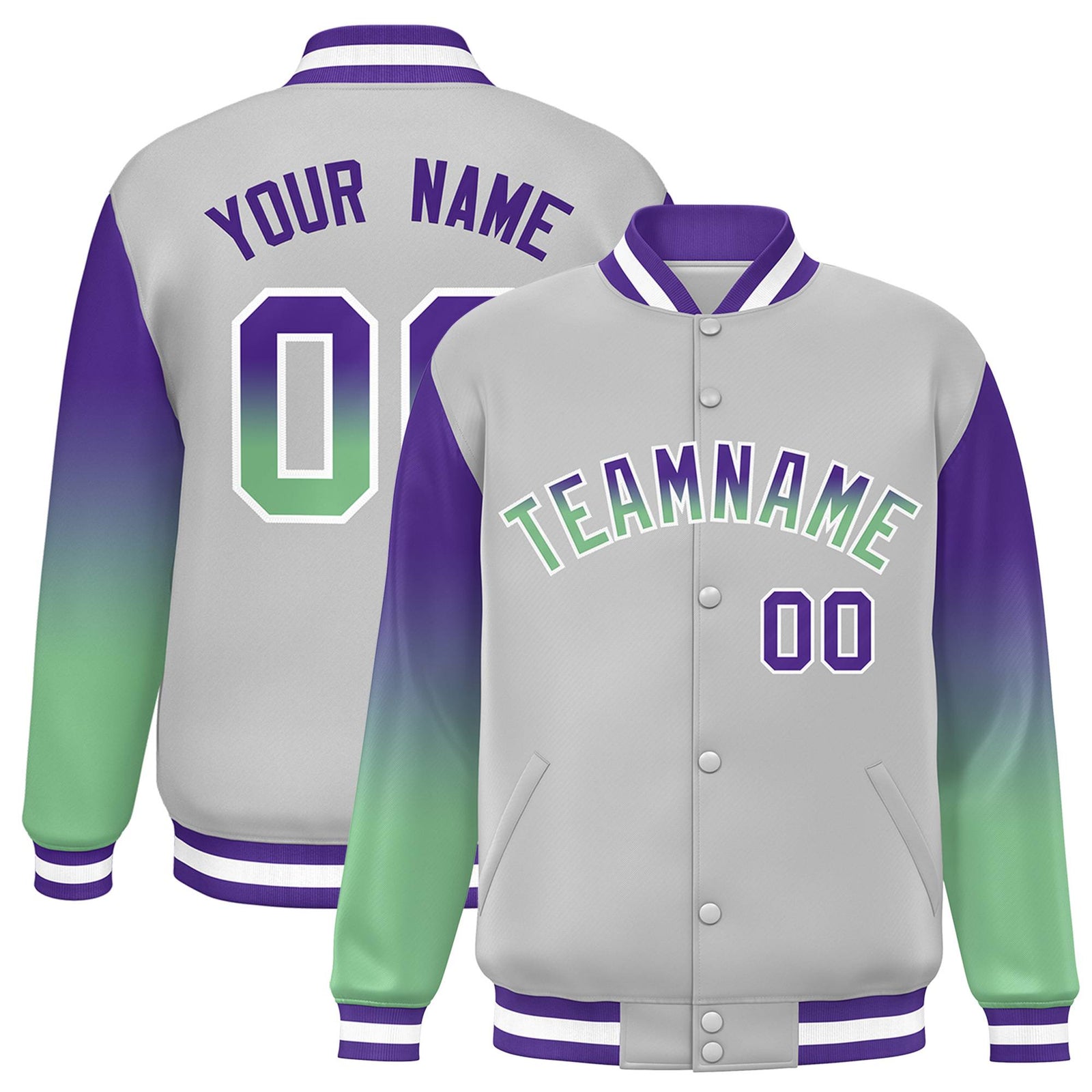 Custom Gray Purple-Green Gradient Varsity Full-Snap Raglan Sleeves Baseball Jacket
