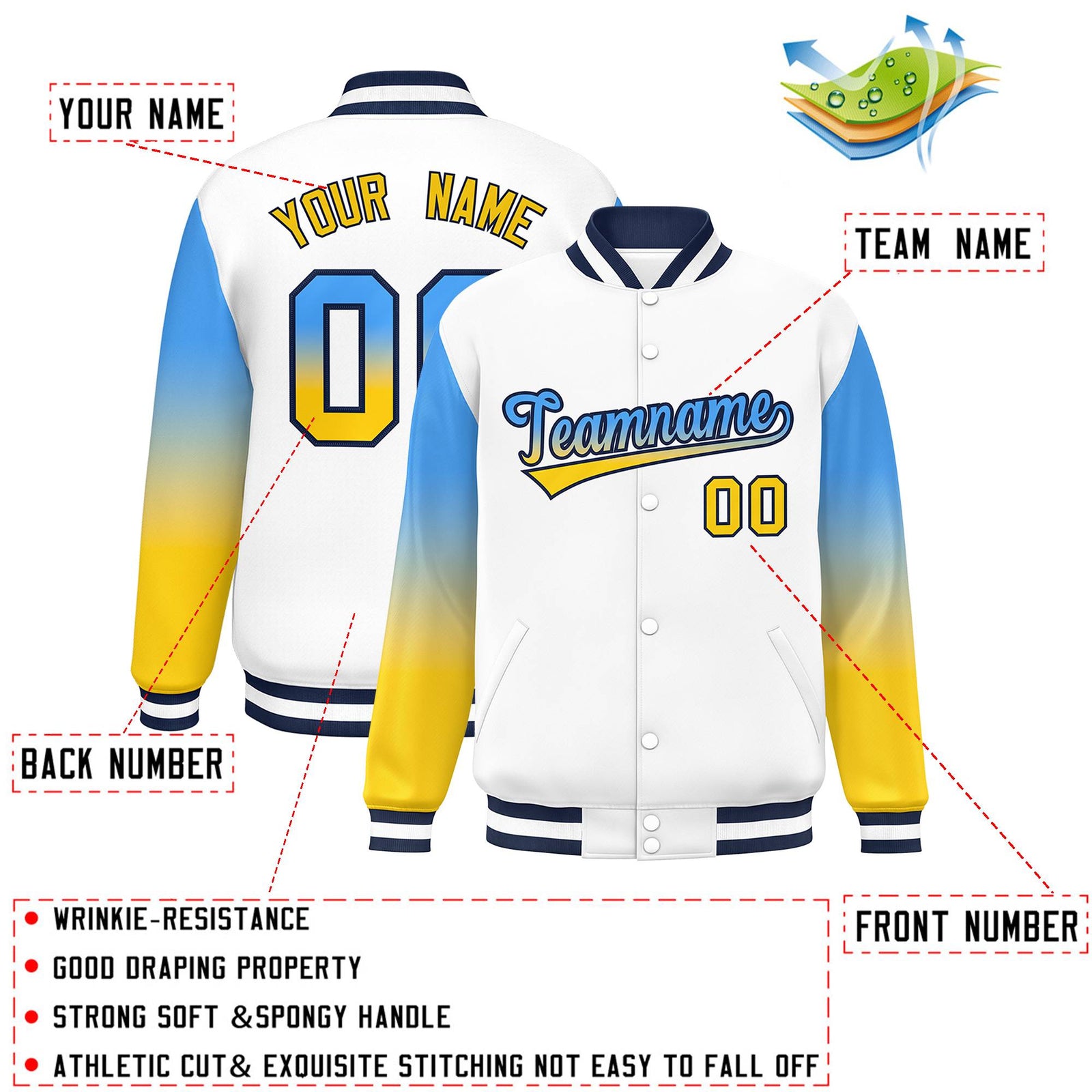 Custom White Powder Blue-Gold Gradient Varsity Full-Snap Raglan Sleeves Baseball Jacket