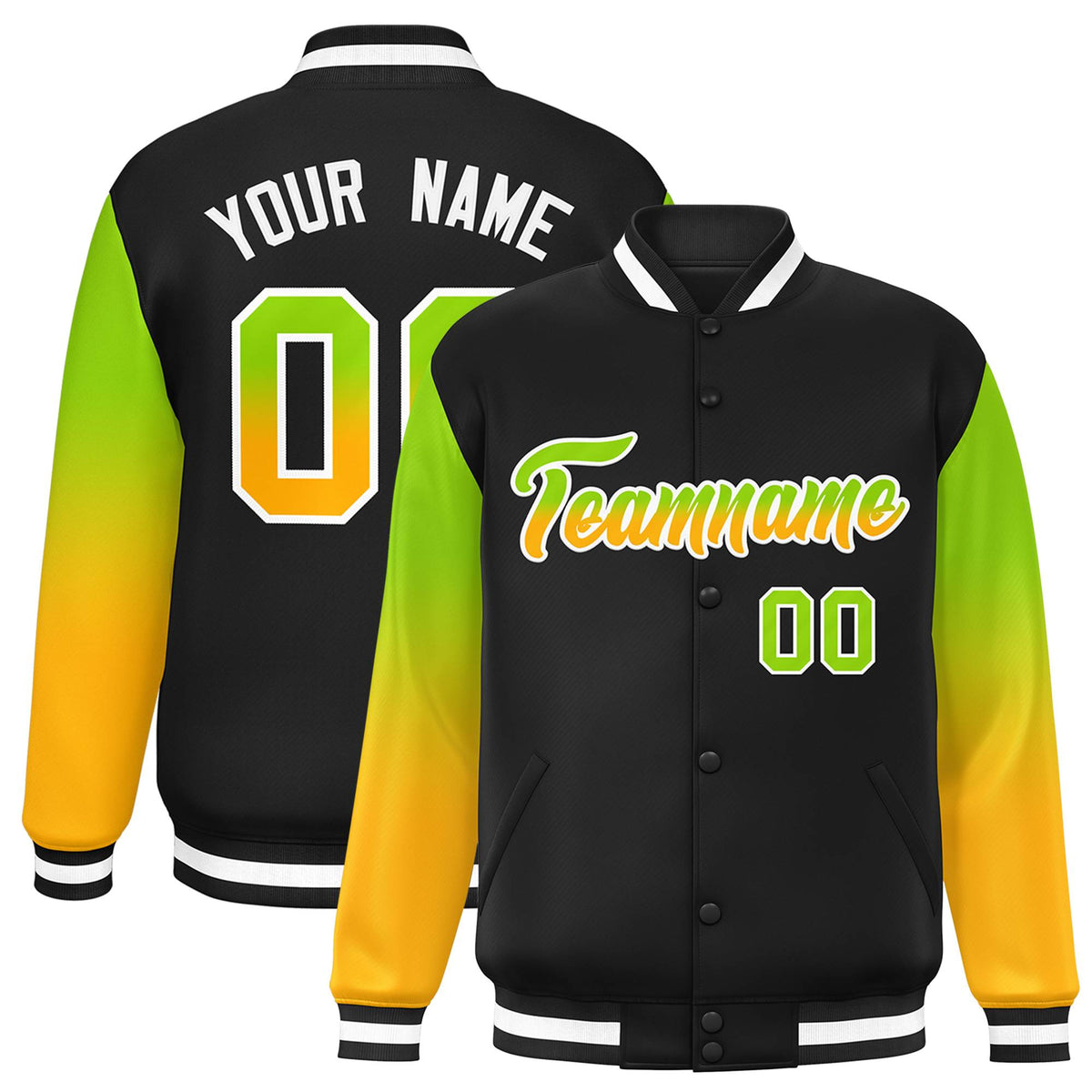 Custom Black Neon Green-Yellow Gradient Varsity Full-Snap Raglan Sleeves Baseball Jacket