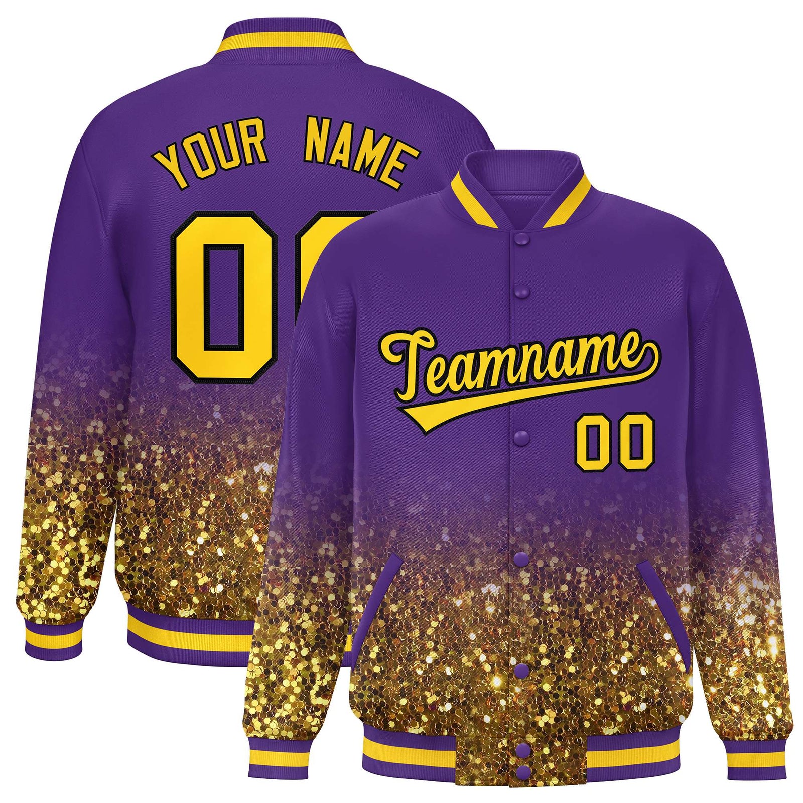 Custom Purple Varsity Full-Snap Sequins Pattern Letterman Baseball Jacket