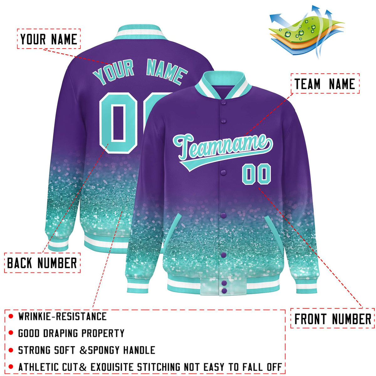 Custom Purple Varsity Full-Snap Sequins Pattern Letterman Baseball Jacket