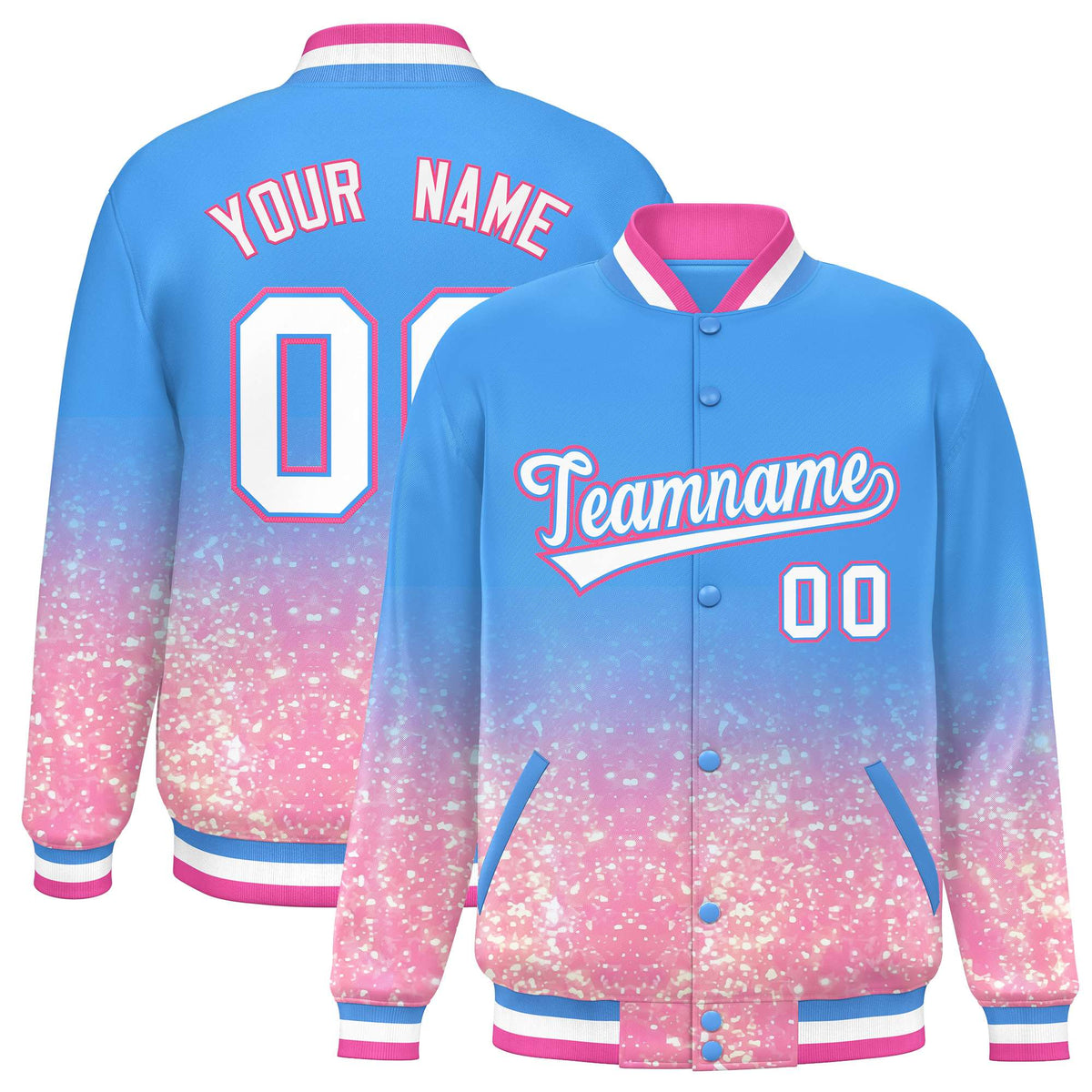 Custom Powder Blue Varsity Full-Snap Sequins Pattern Letterman Baseball Jacket