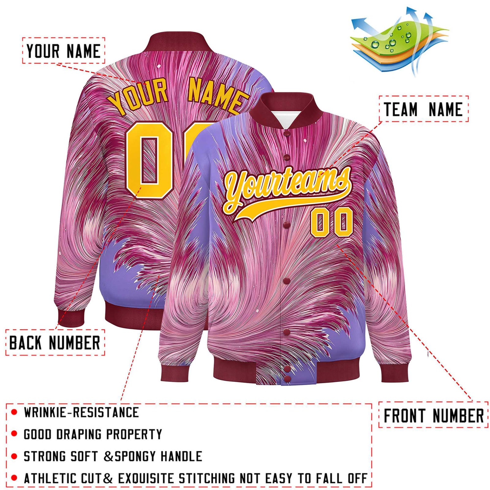 Custom Crimson Varsity Full-Snap Feather Fluid Pattern Letterman Baseball Jacket