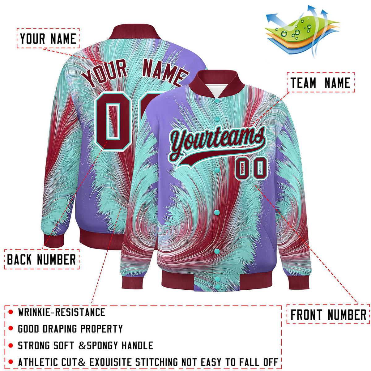 Custom Crimson Varsity Full-Snap Feather Fluid Pattern Letterman Baseball Jacket