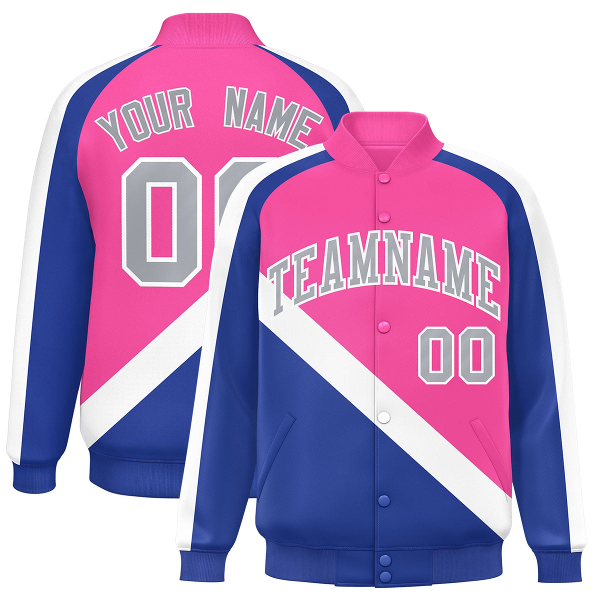 Custom Pink Royal Raglan Sleeves Varsity Full-Snap Letterman Baseball Jacket