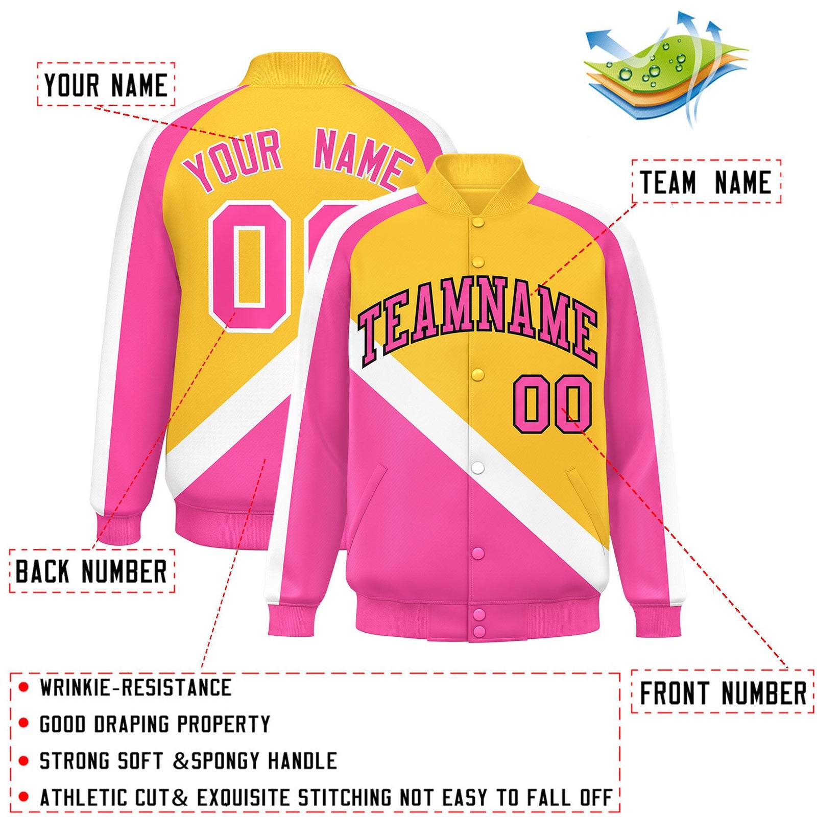Custom Gold Pink Raglan Sleeves Varsity Full-Snap Letterman Baseball Jacket