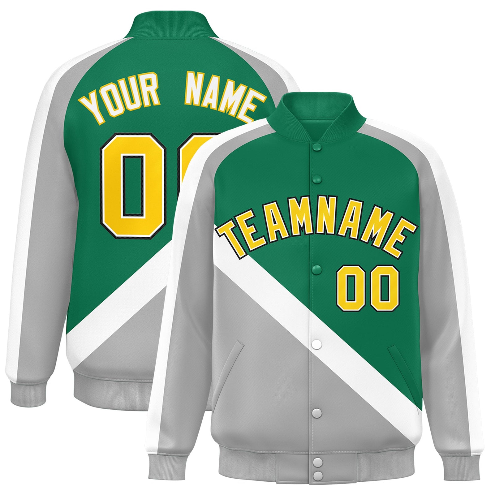 Custom Kelly Green Gray Raglan Sleeves Varsity Full-Snap Letterman Baseball Jacket