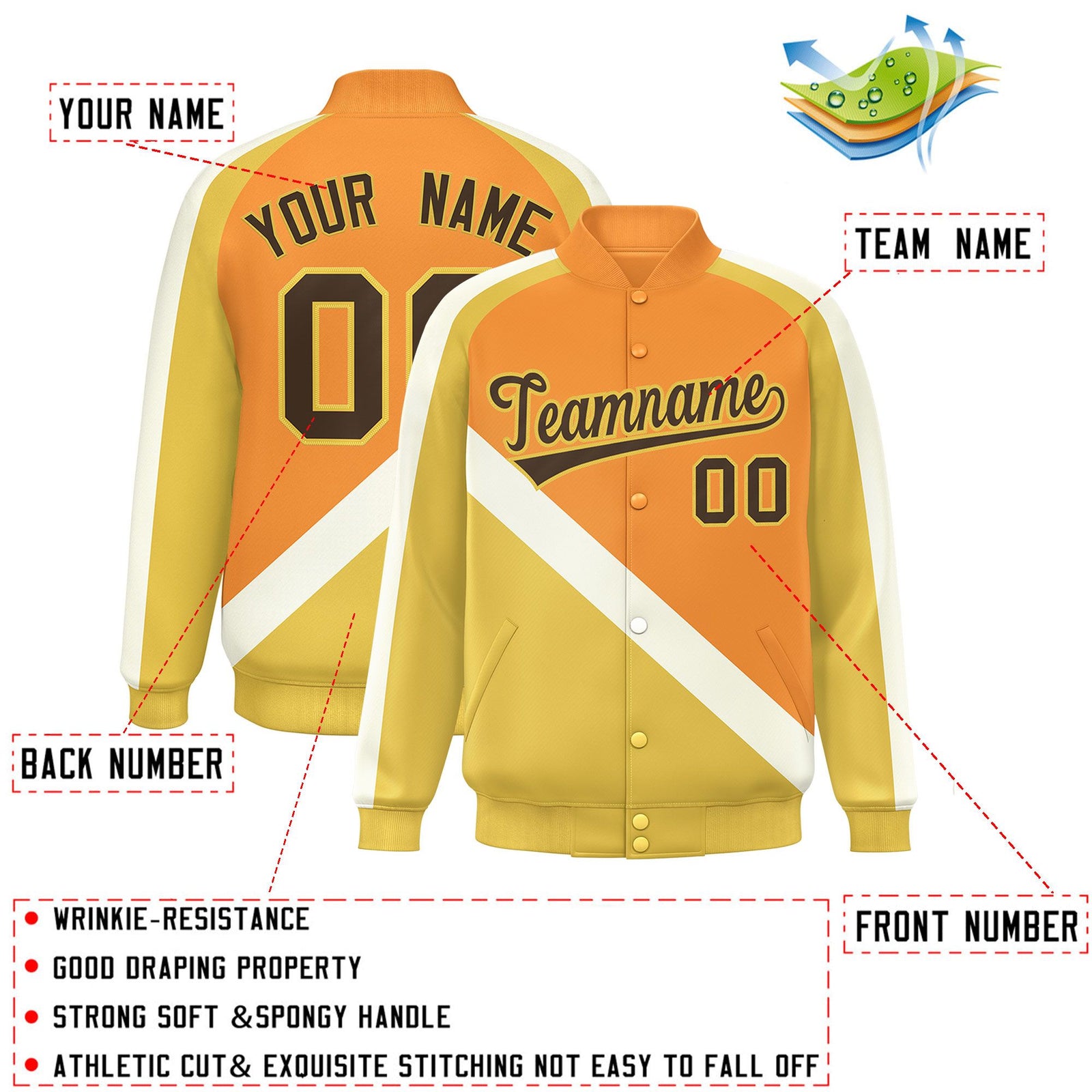 Custom Orange Khaki Raglan Sleeves Varsity Full-Snap Letterman Baseball Jacket