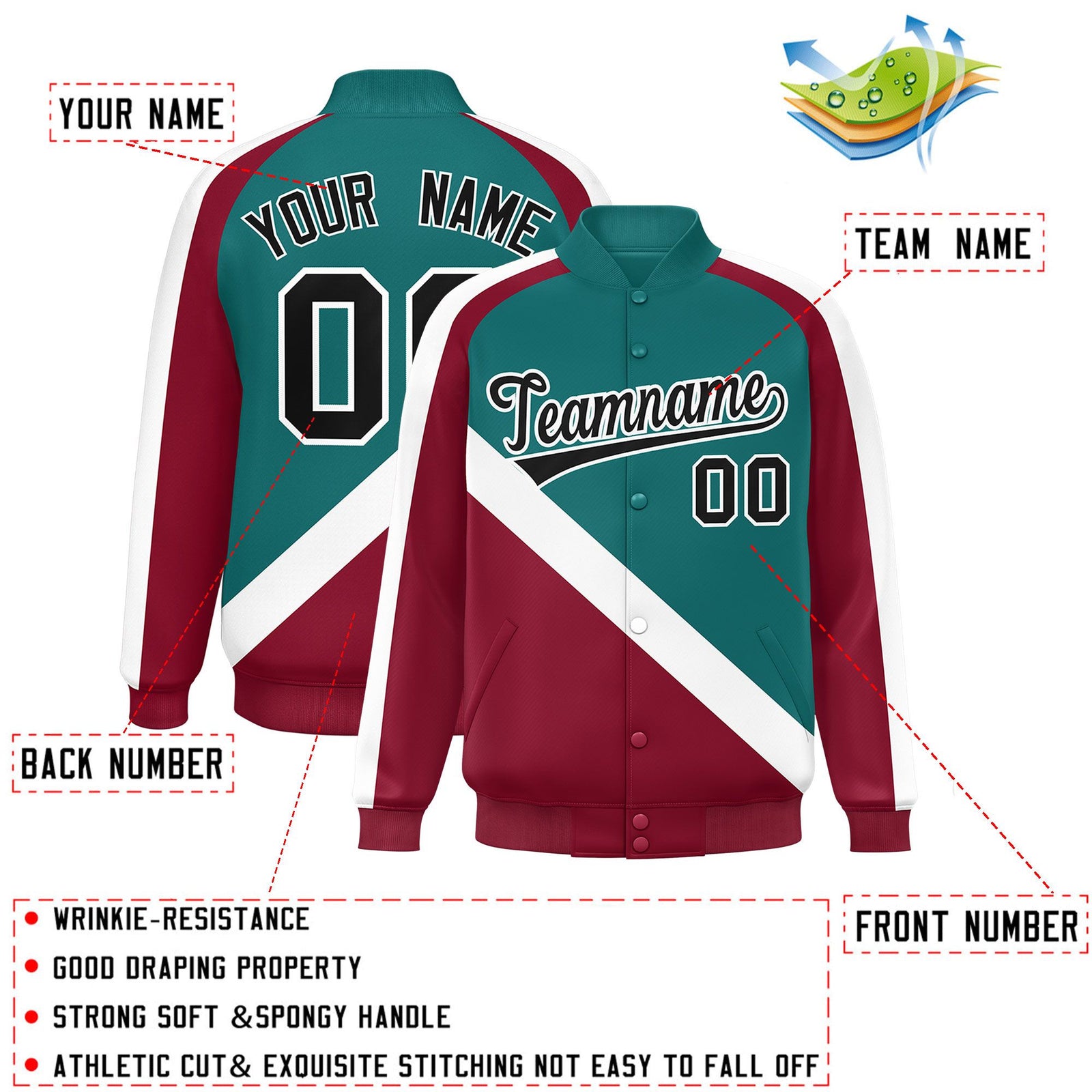Custom Aqua Crimson Raglan Sleeves Varsity Full-Snap Letterman Baseball Jacket