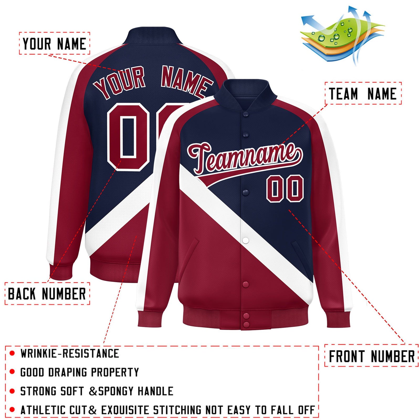 Custom Navy Crimson Raglan Sleeves Varsity Full-Snap Letterman Baseball Jacket