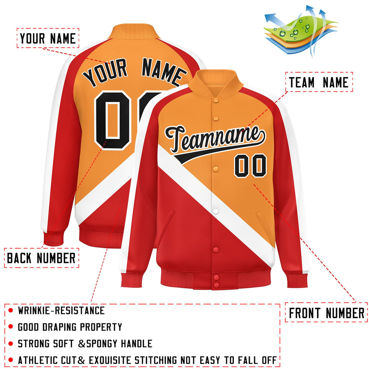 Custom Orange Red Raglan Sleeves Varsity Full-Snap Letterman Baseball Jacket