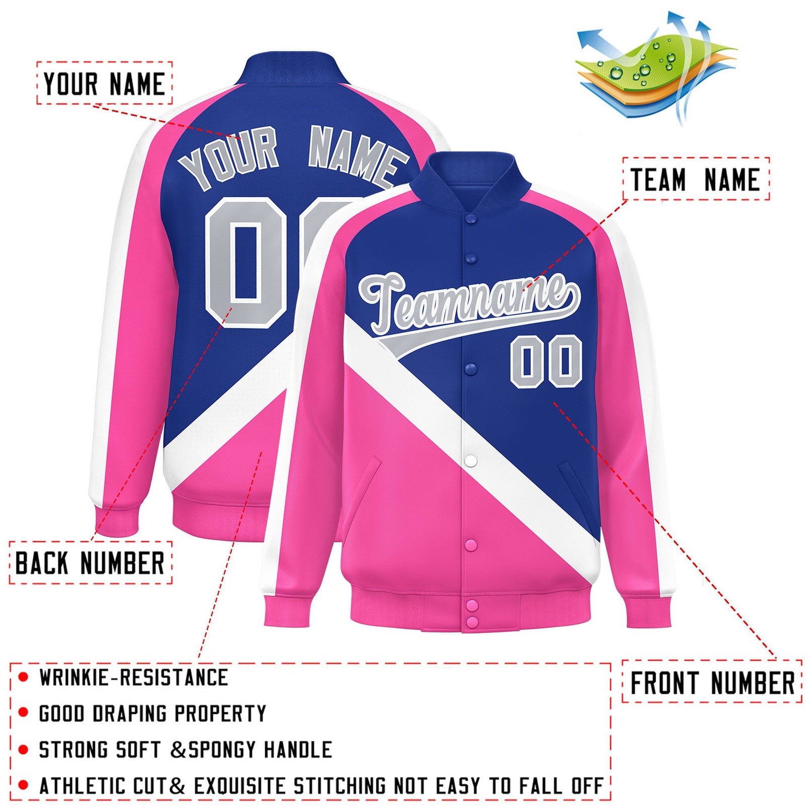 Custom Royal Pink Raglan Sleeves Varsity Full-Snap Letterman Baseball Jacket