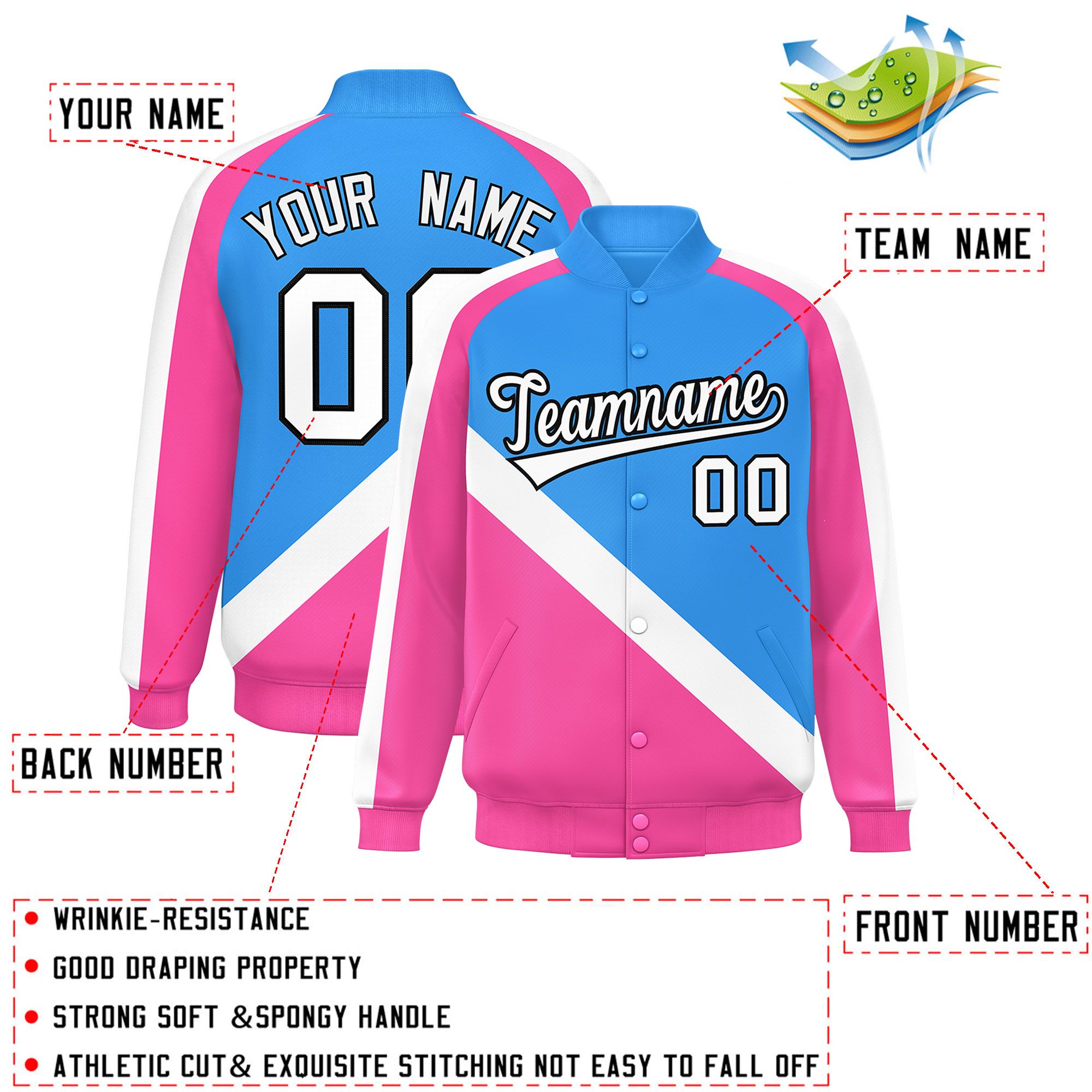 Custom Powder Blue Pink Raglan Sleeves Varsity Full-Snap Letterman Baseball Jacket