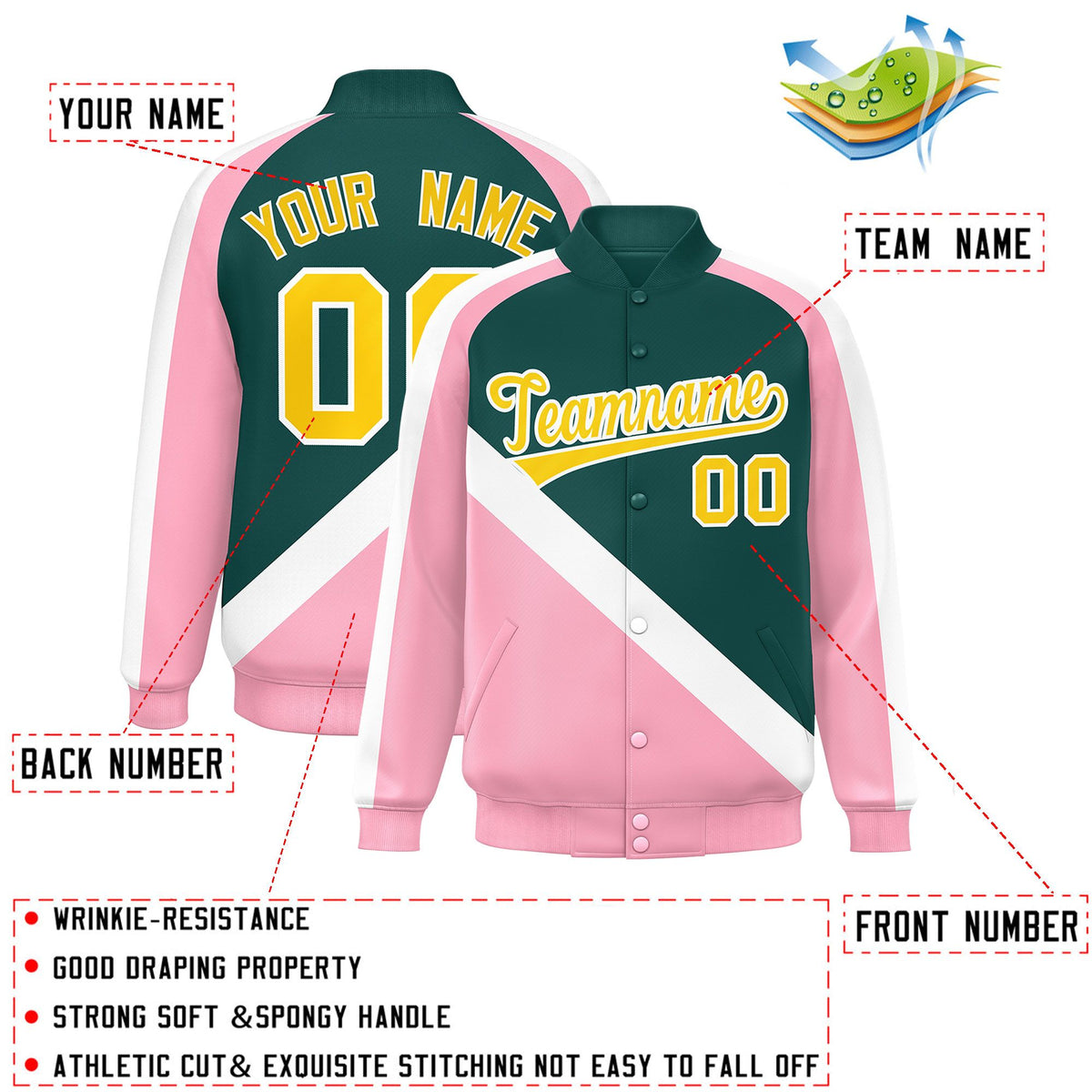 Custom Midnight Green Light Pink Raglan Sleeves Varsity Full-Snap Letterman Baseball Jacket