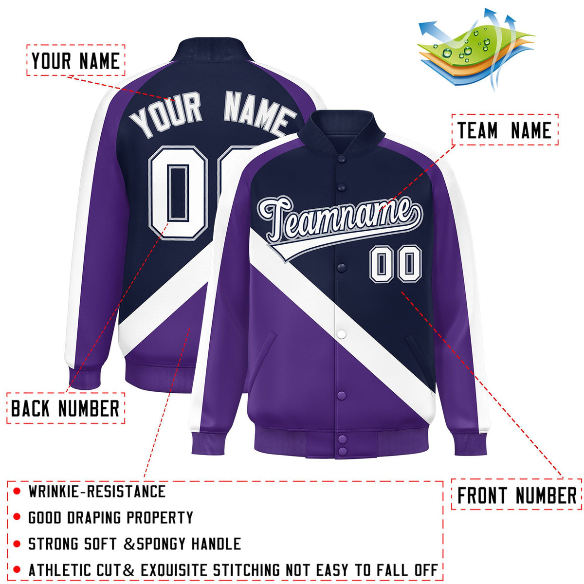 Custom Navy Purple Raglan Sleeves Varsity Full-Snap Letterman Baseball Jacket