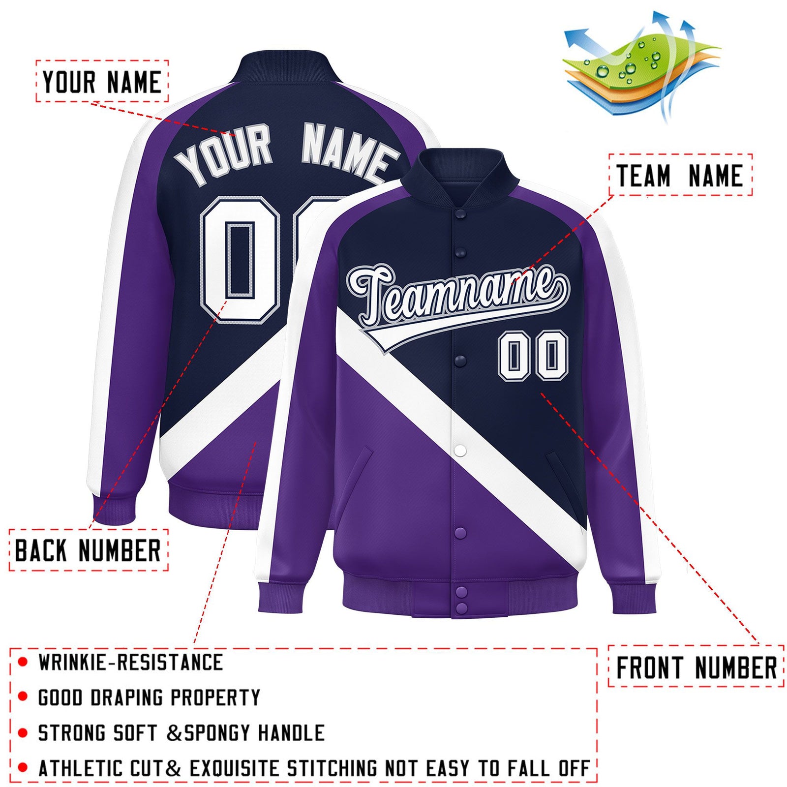 Custom Navy Purple Raglan Sleeves Varsity Full-Snap Letterman Baseball Jacket