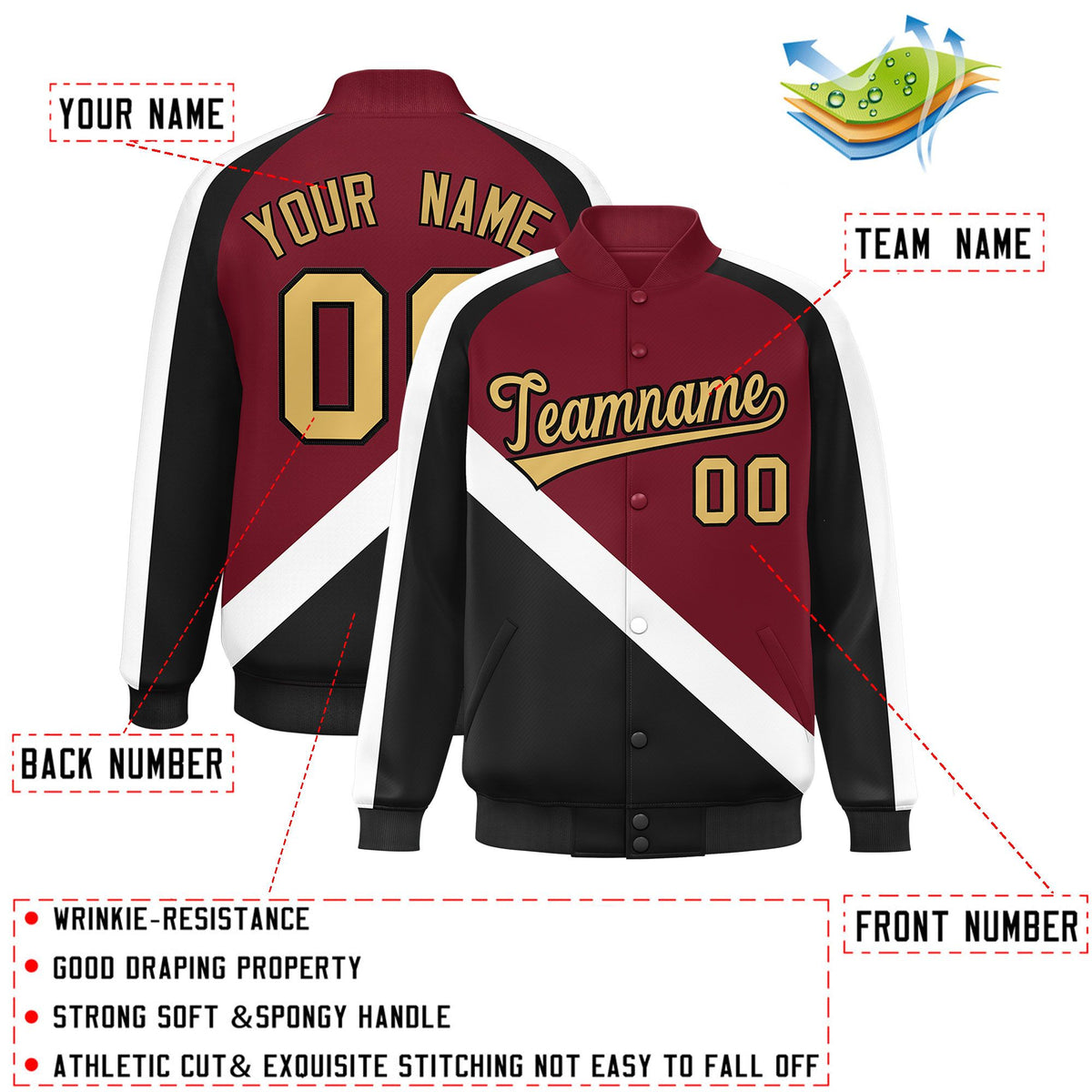 Custom Crimson Black Raglan Sleeves Varsity Full-Snap Letterman Baseball Jacket