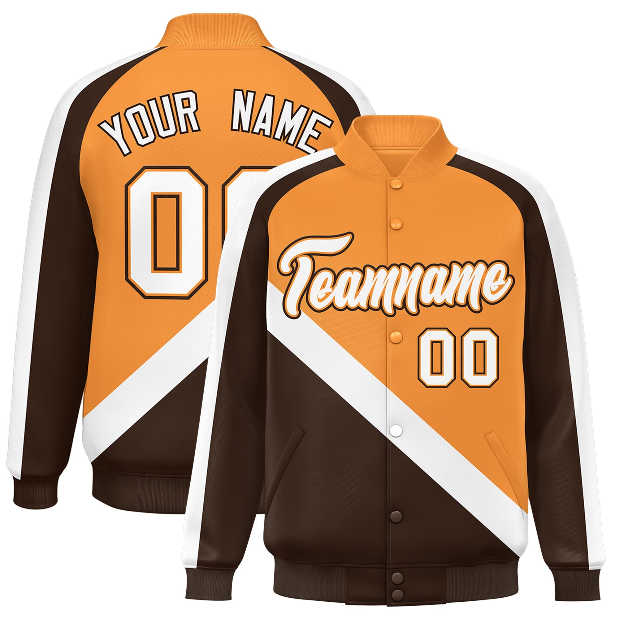 Custom Orange Brown Raglan Sleeves Varsity Full-Snap Letterman Baseball Jacket