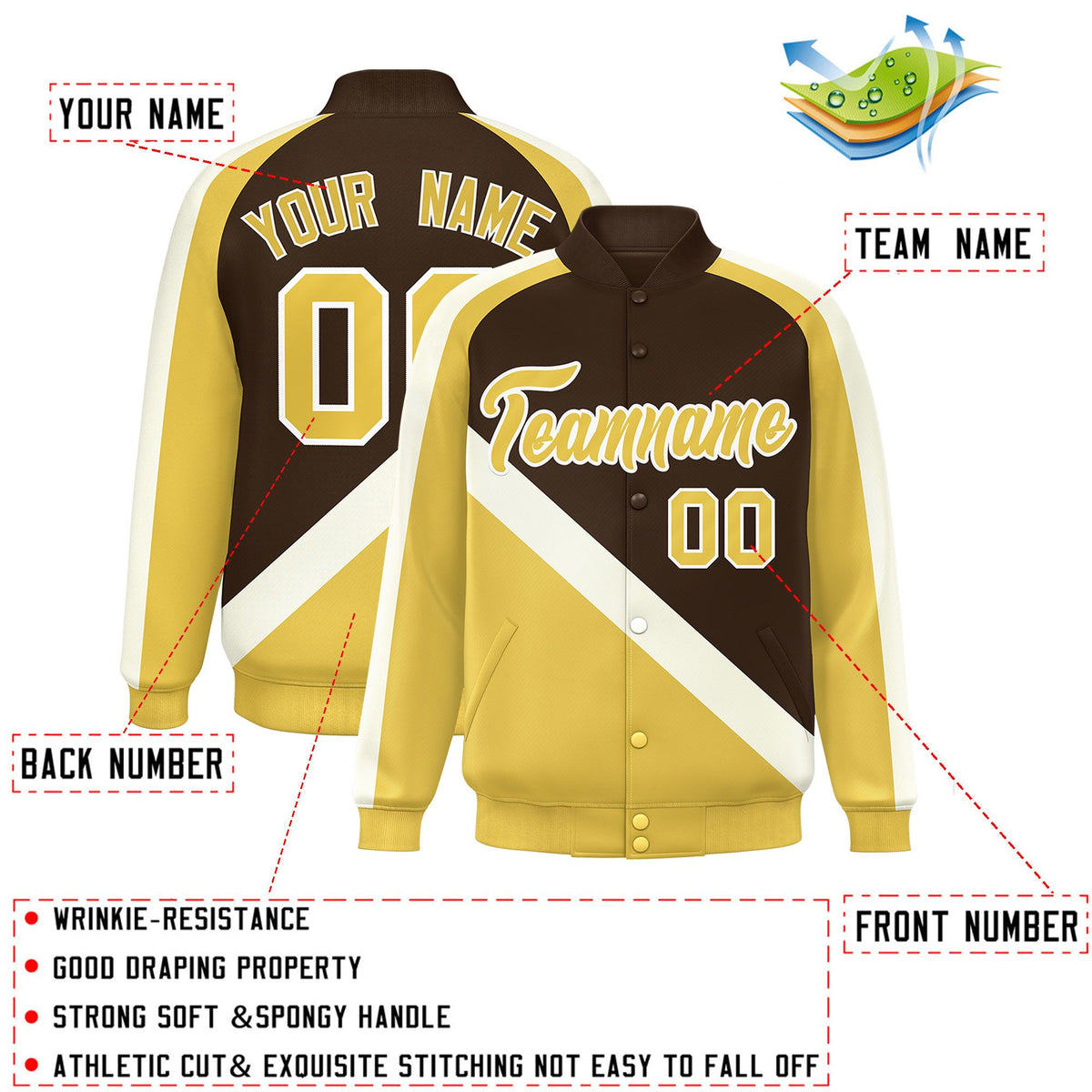 Custom Brown Khaki Raglan Sleeves Varsity Full-Snap Letterman Baseball Jacket