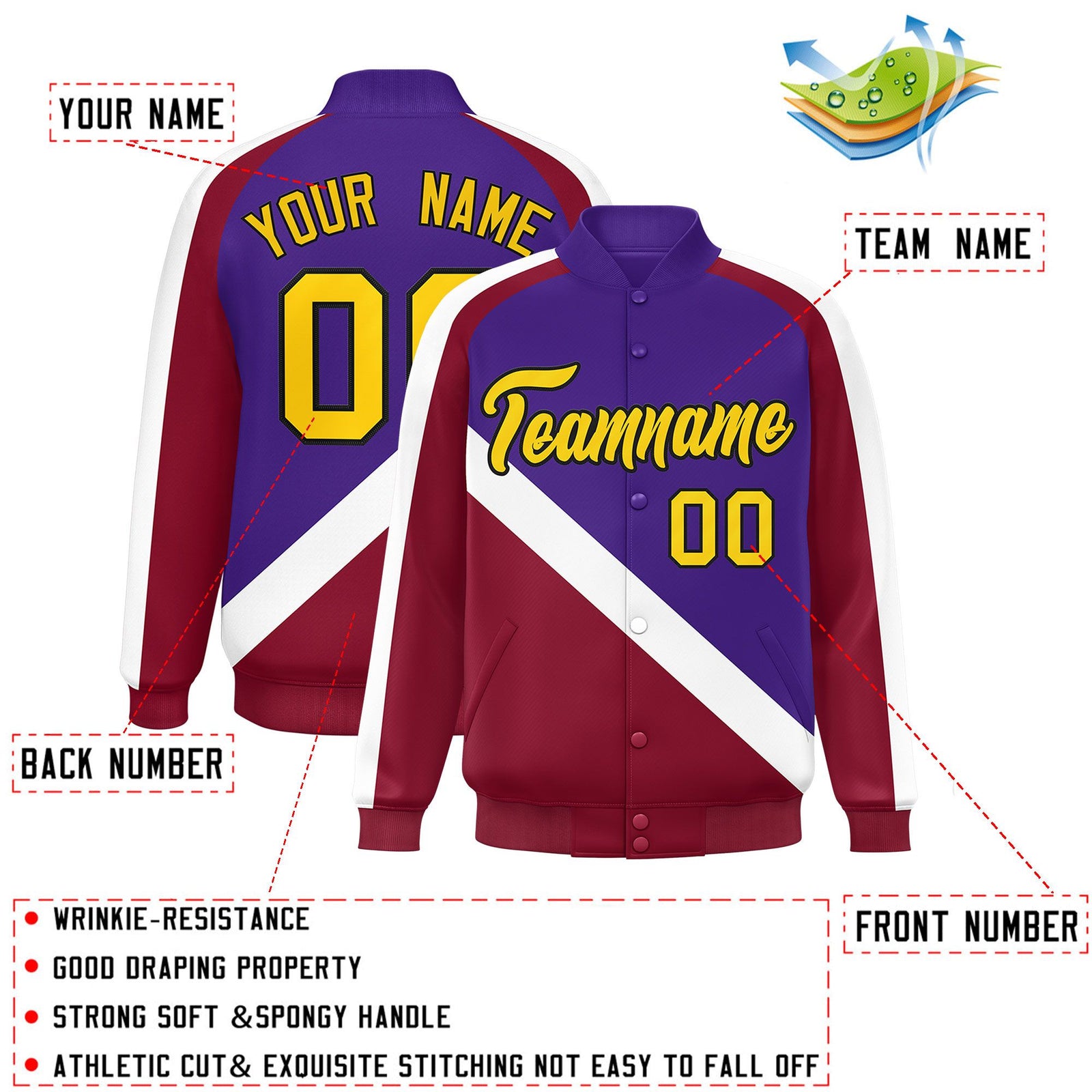 Custom Purple Crimson Raglan Sleeves Varsity Full-Snap Letterman Baseball Jacket