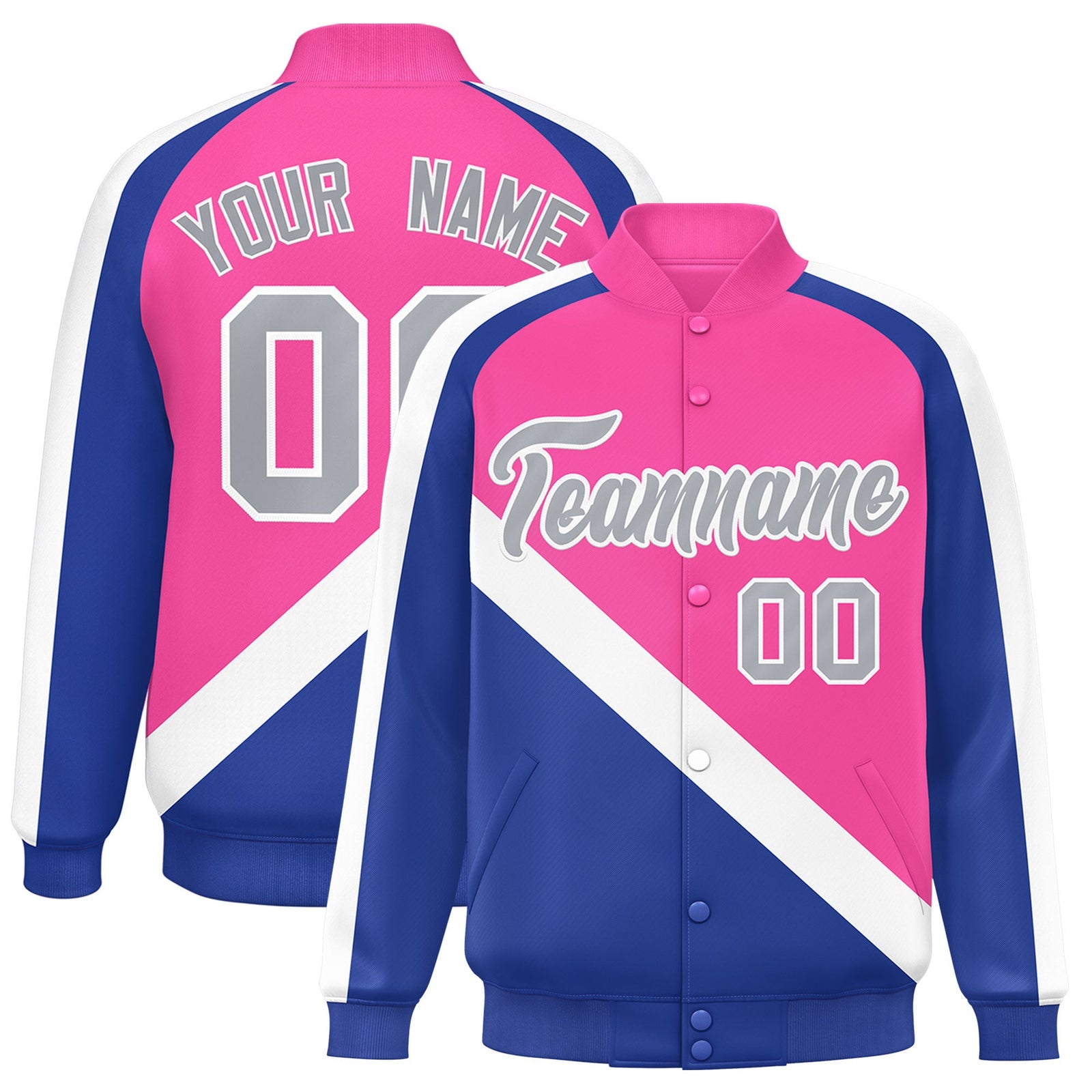 Custom Pink Royal Raglan Sleeves Varsity Full-Snap Letterman Baseball Jacket