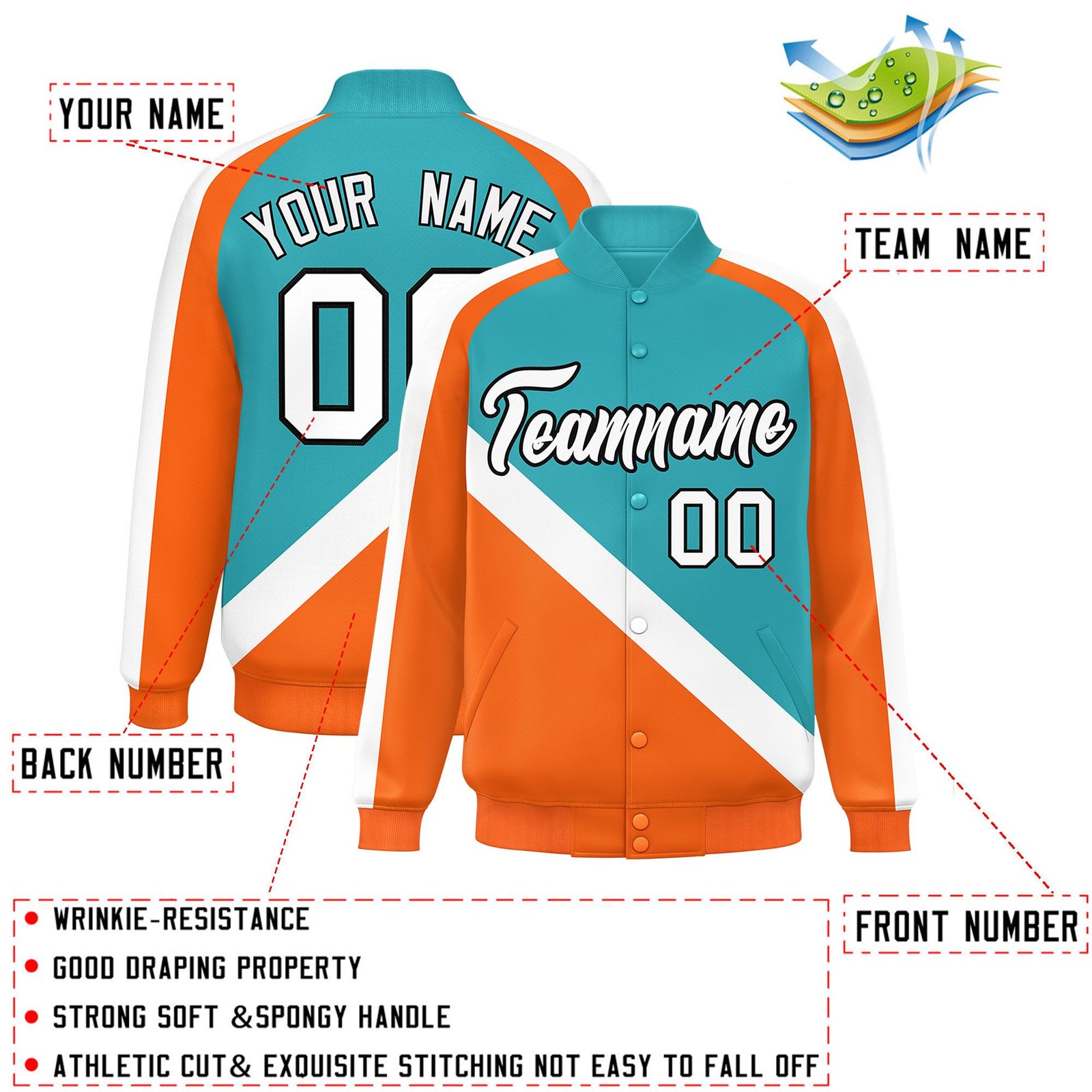 Custom Aqua Orange Raglan Sleeves Varsity Full-Snap Letterman Baseball Jacket