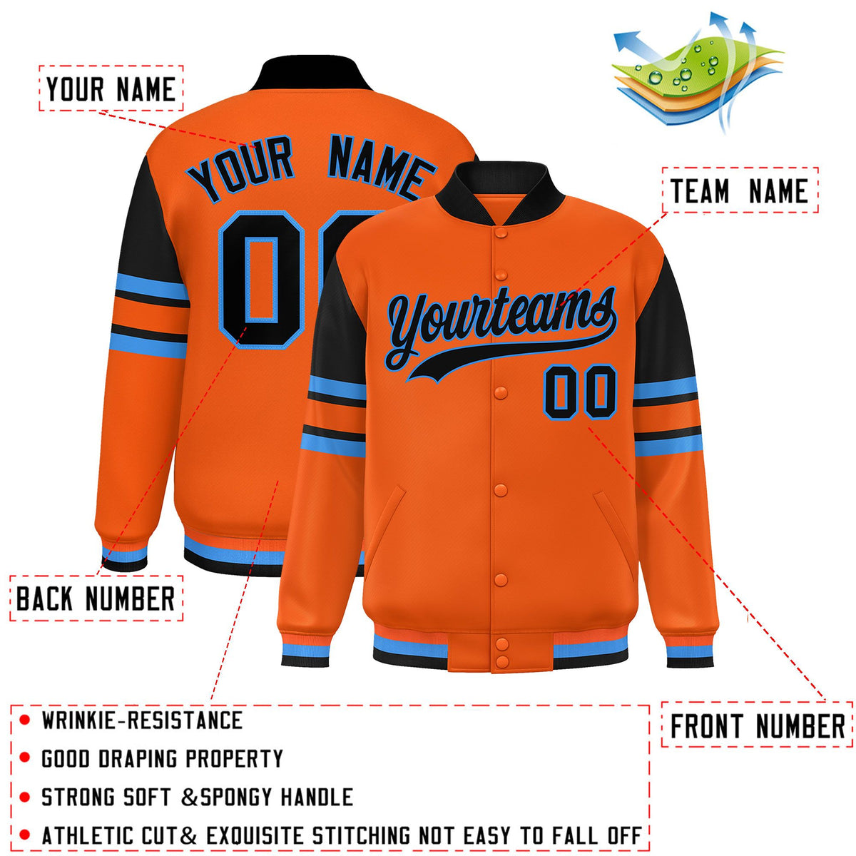 Custom Orange Varsity Full-Snap Color Block Letterman Jacket