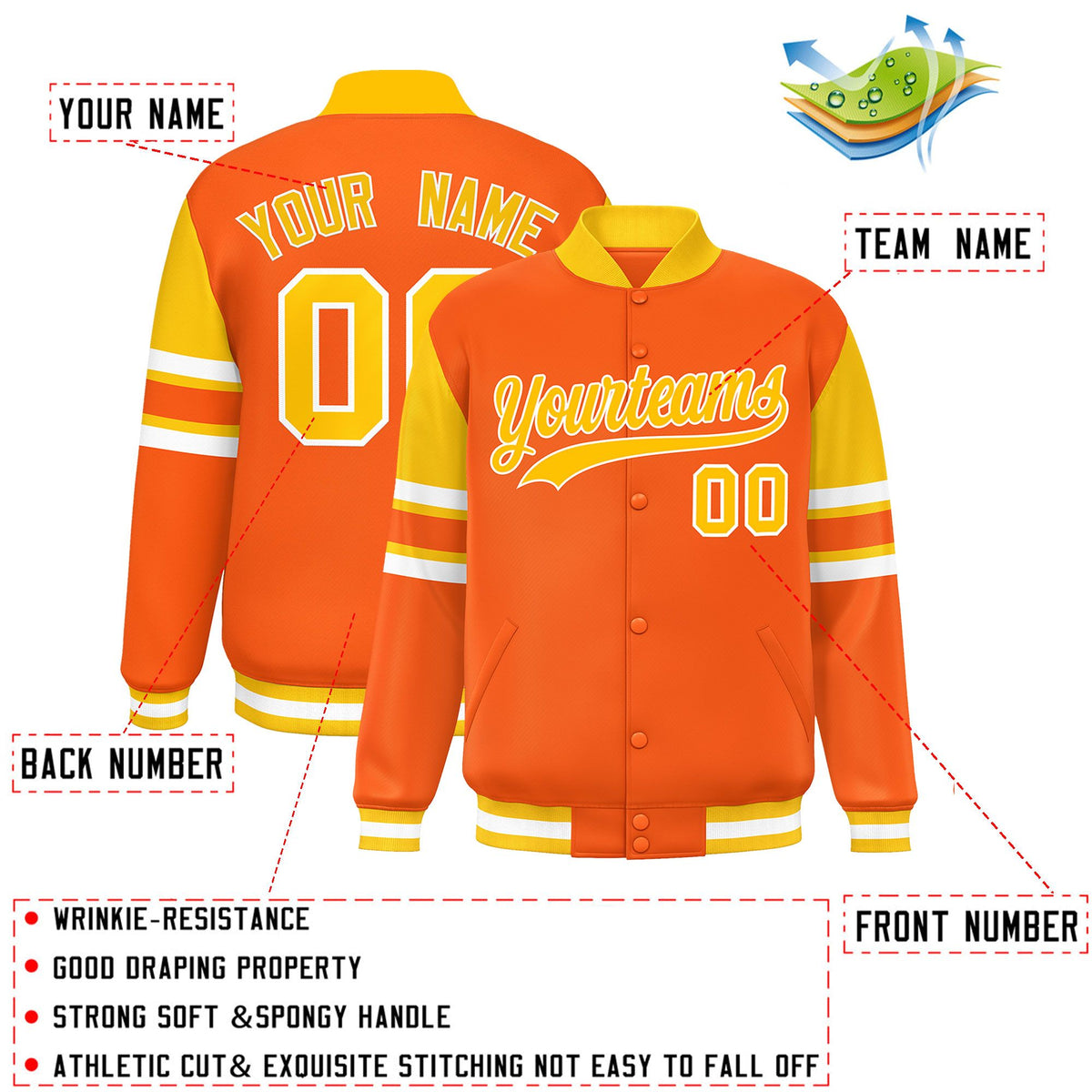 Custom Orange Varsity Full-Snap Color Block Letterman Jacket