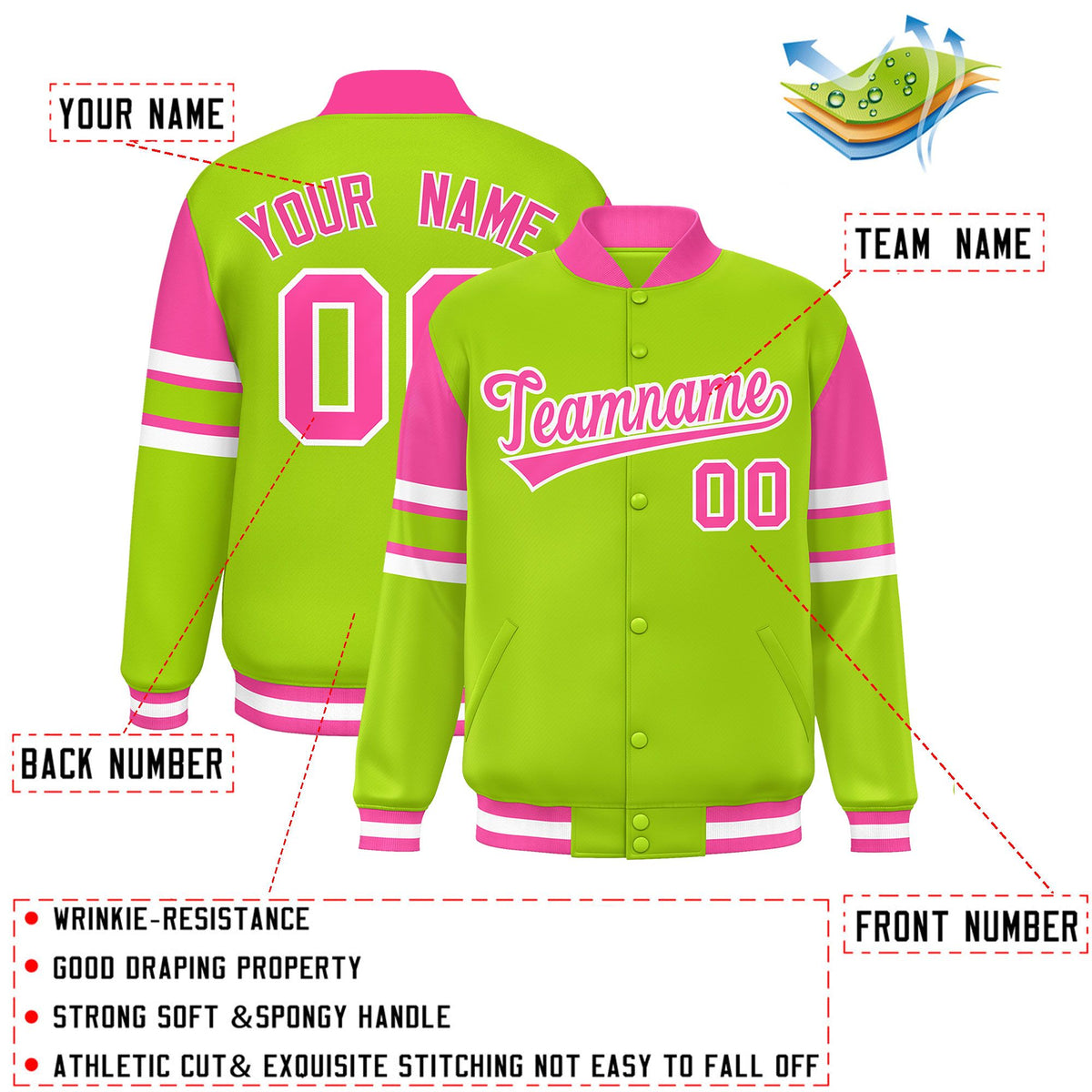 Custom Neon Green Varsity Full-Snap Color Block Letterman Jacket