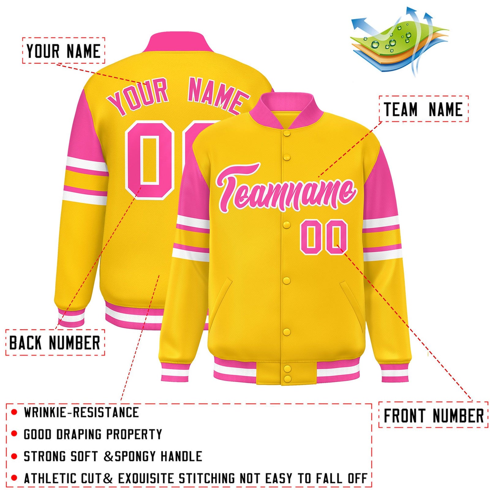 Custom Yellow Varsity Full-Snap Color Block Letterman Jacket